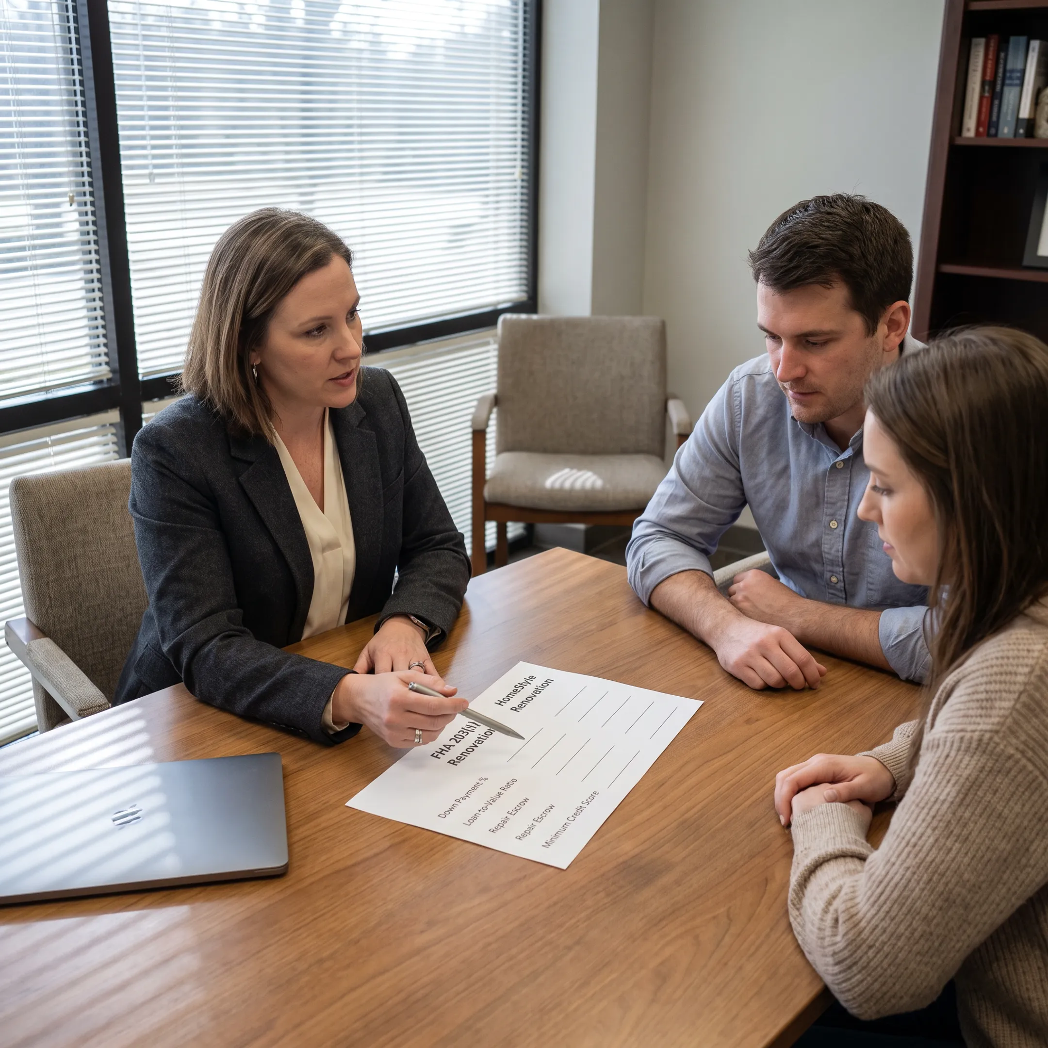 Advisor comparing renovation mortgage options with homeowners