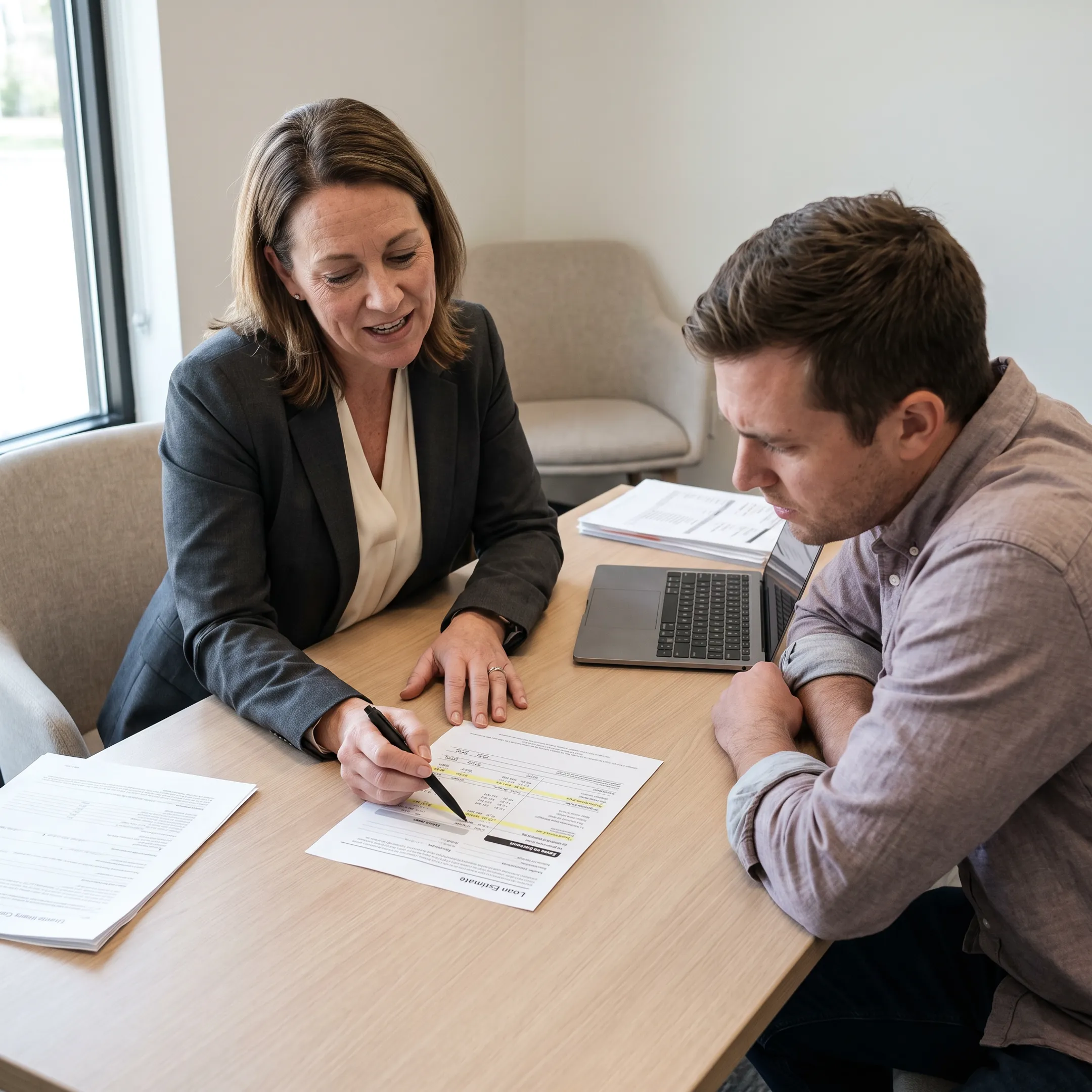 Homebuyer comparing mortgage fee documents with a broker