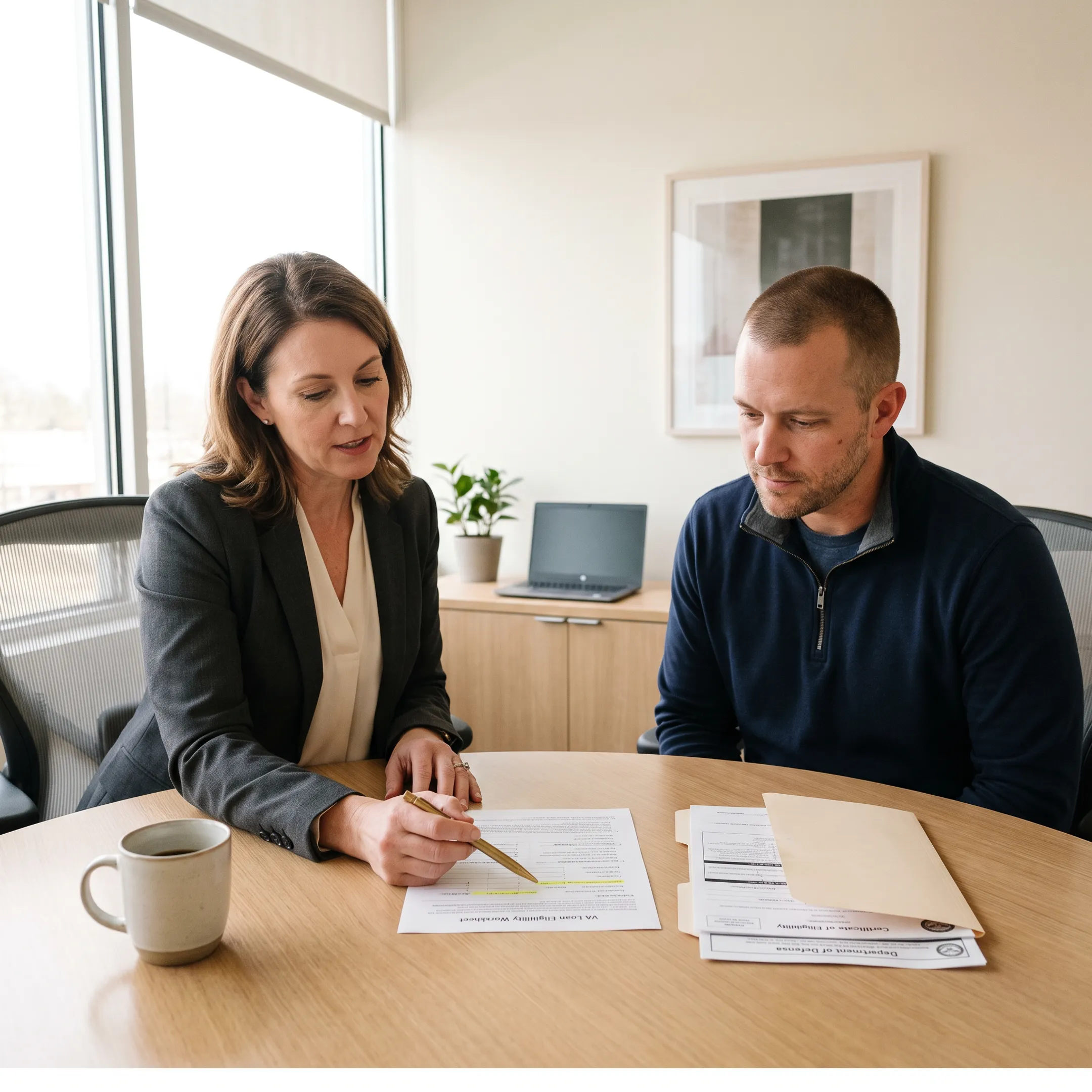 Mortgage advisor explaining VA loan options to a veteran homebuyer