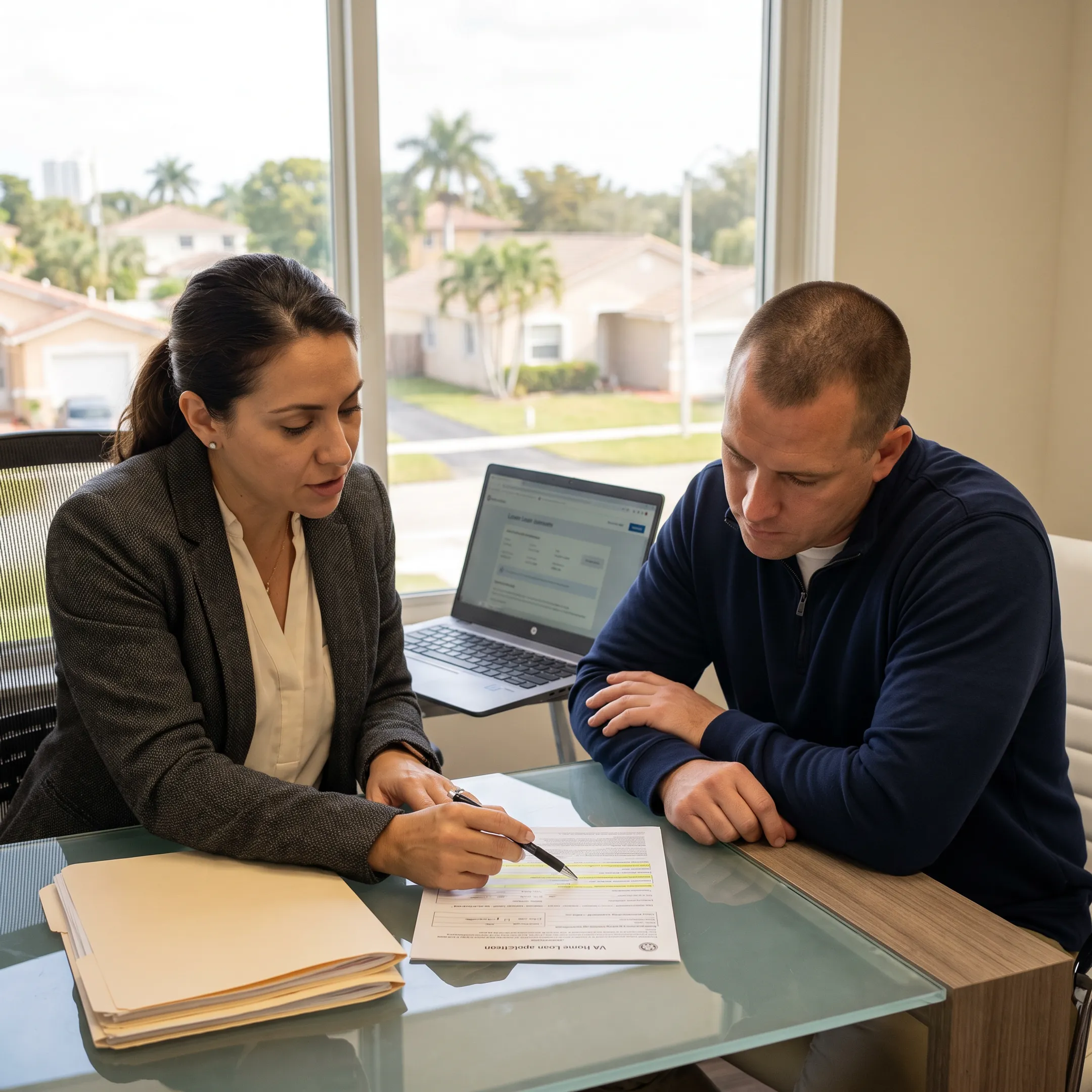 Veteran reviewing VA home loan documents with mortgage advisor in a Miami office