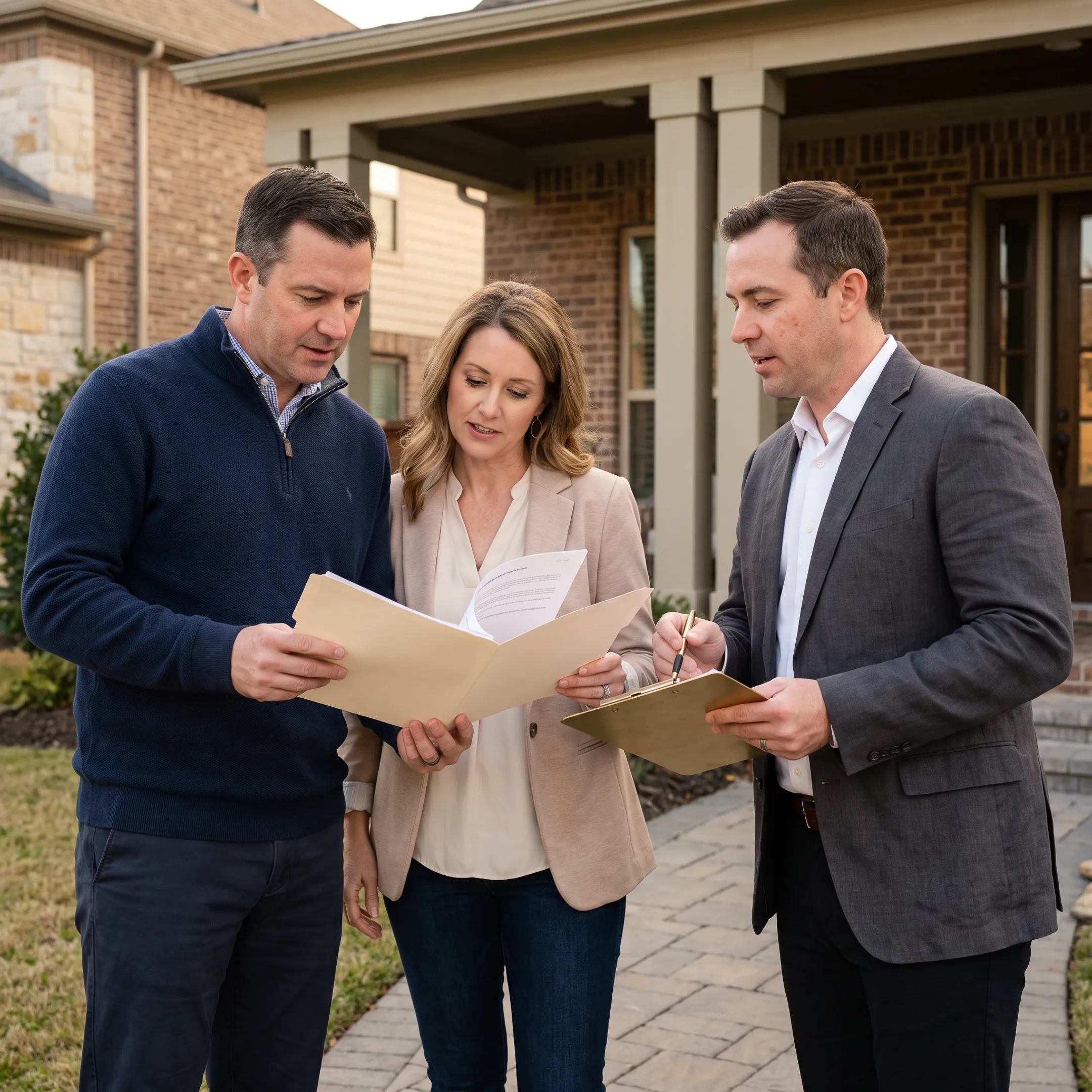 Homebuyer reviewing mortgage documents beside a modern high-value home