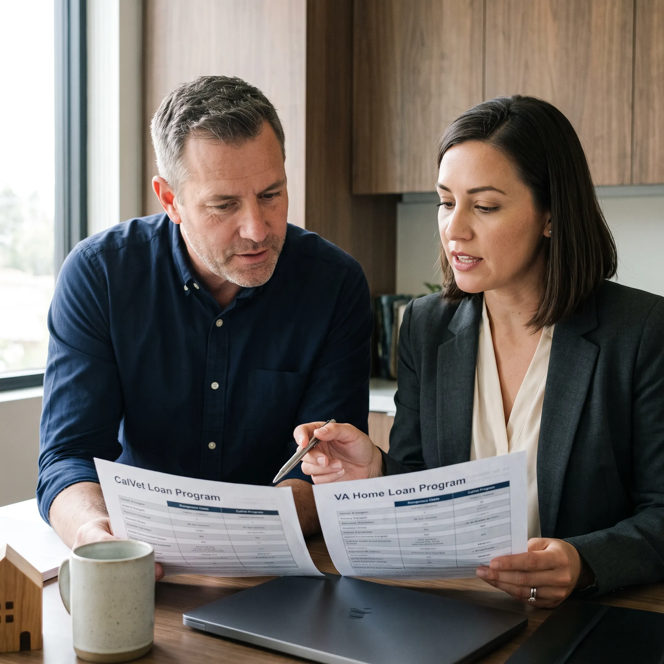 California veteran reviewing VA and CalVet home loan options with mortgage advisor