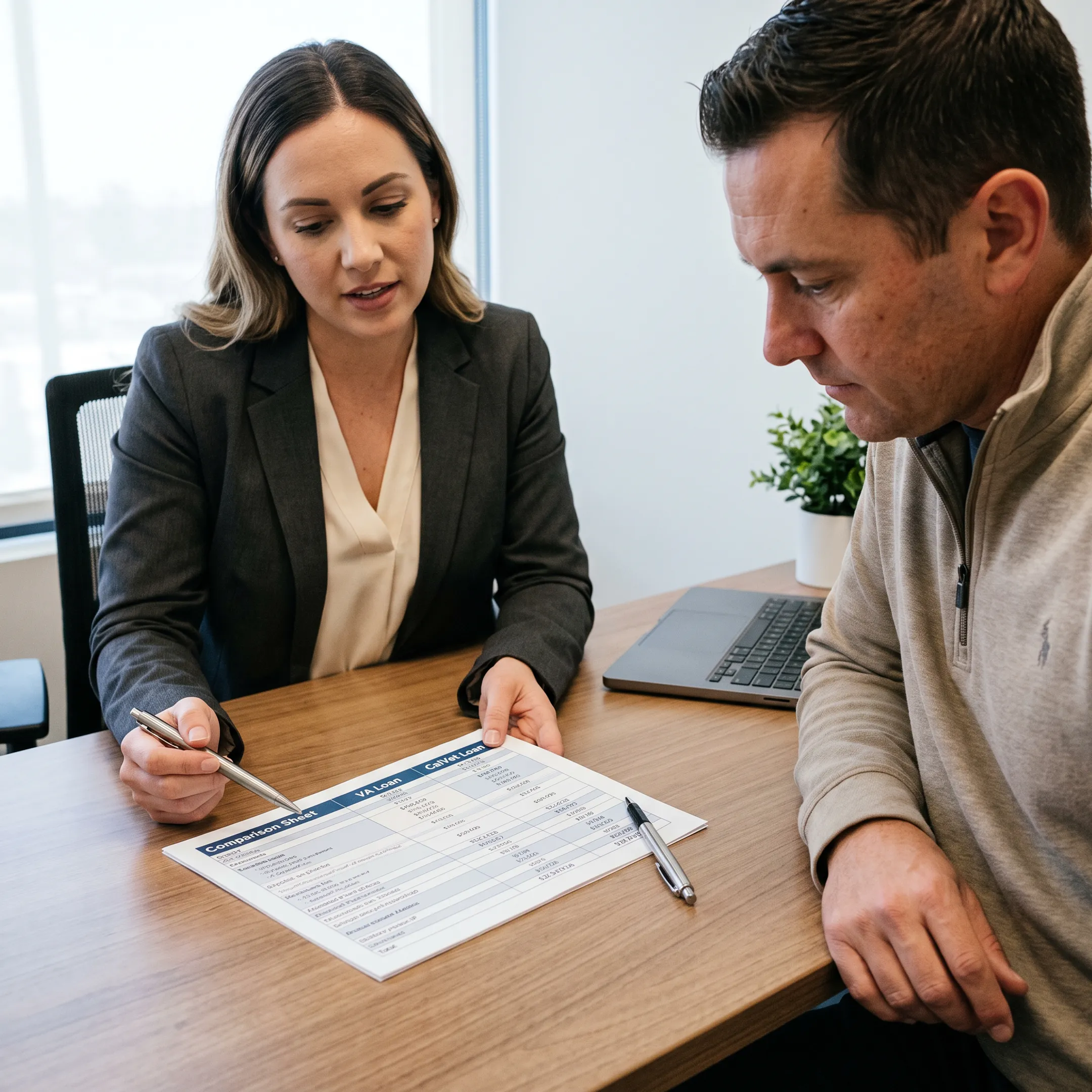 Mortgage advisor explaining VA and CalVet financing choices to California homebuyer