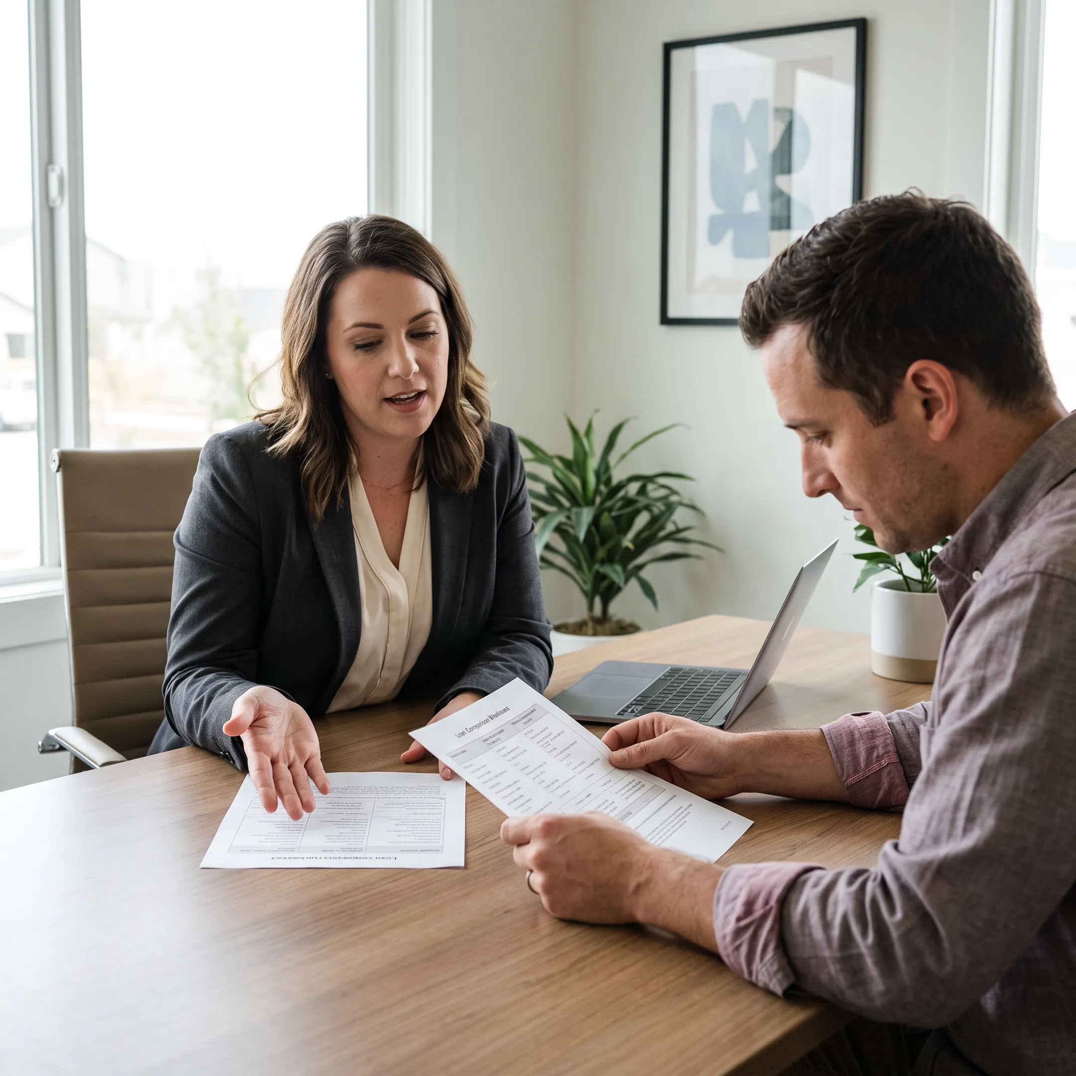 Advisor explaining mortgage choices to a homebuyer