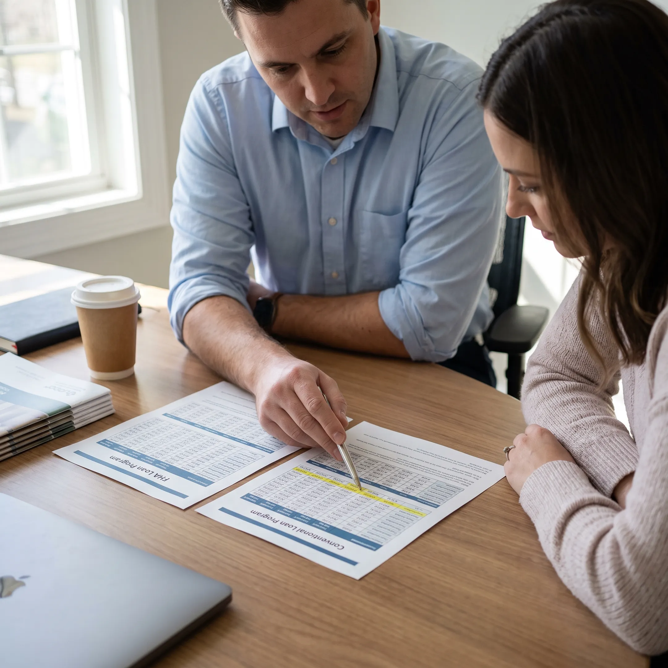First-time homebuyer reviewing FHA and conventional mortgage options with a lending advisor