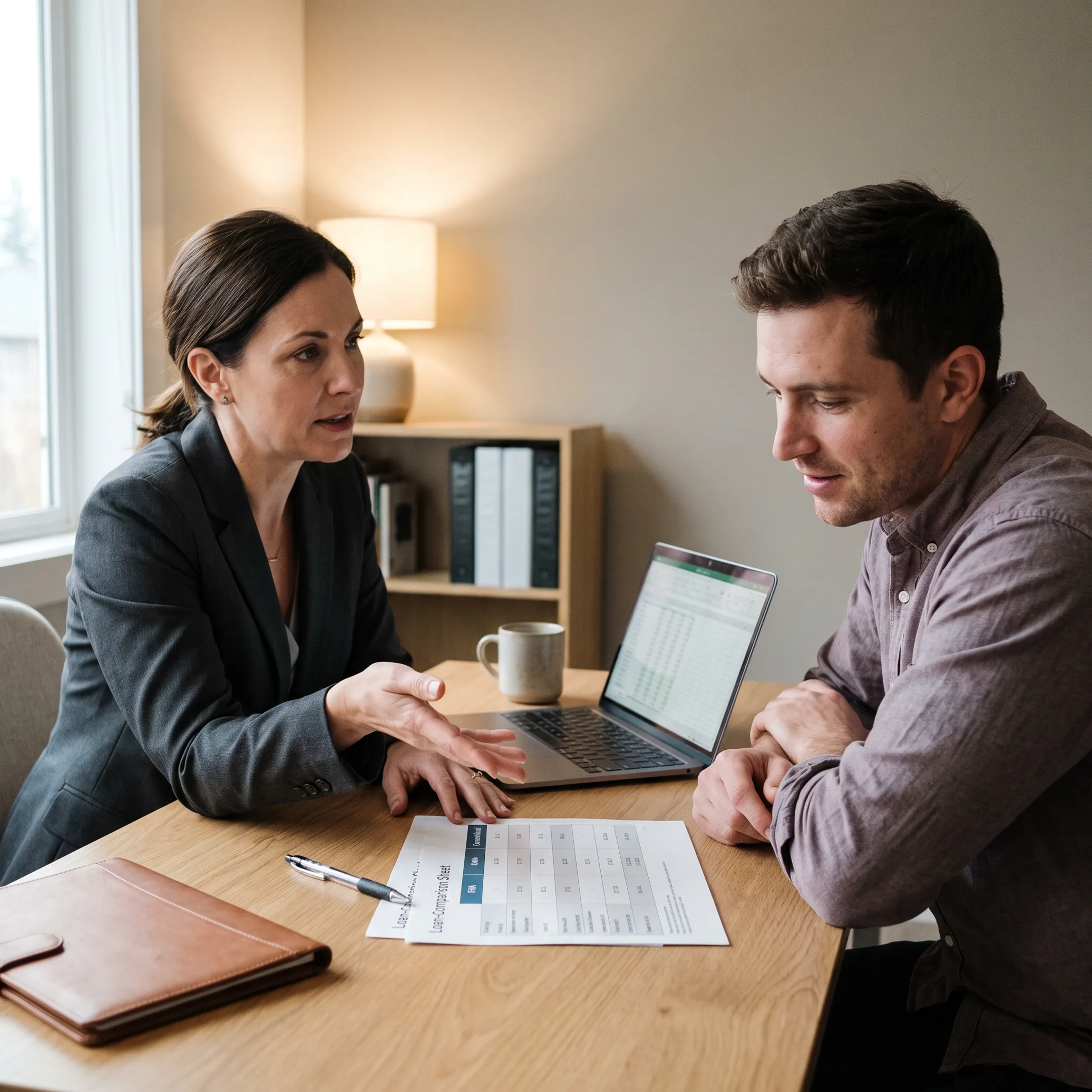 Mortgage advisor explaining FHA and conventional loan comparison to a first-time buyer