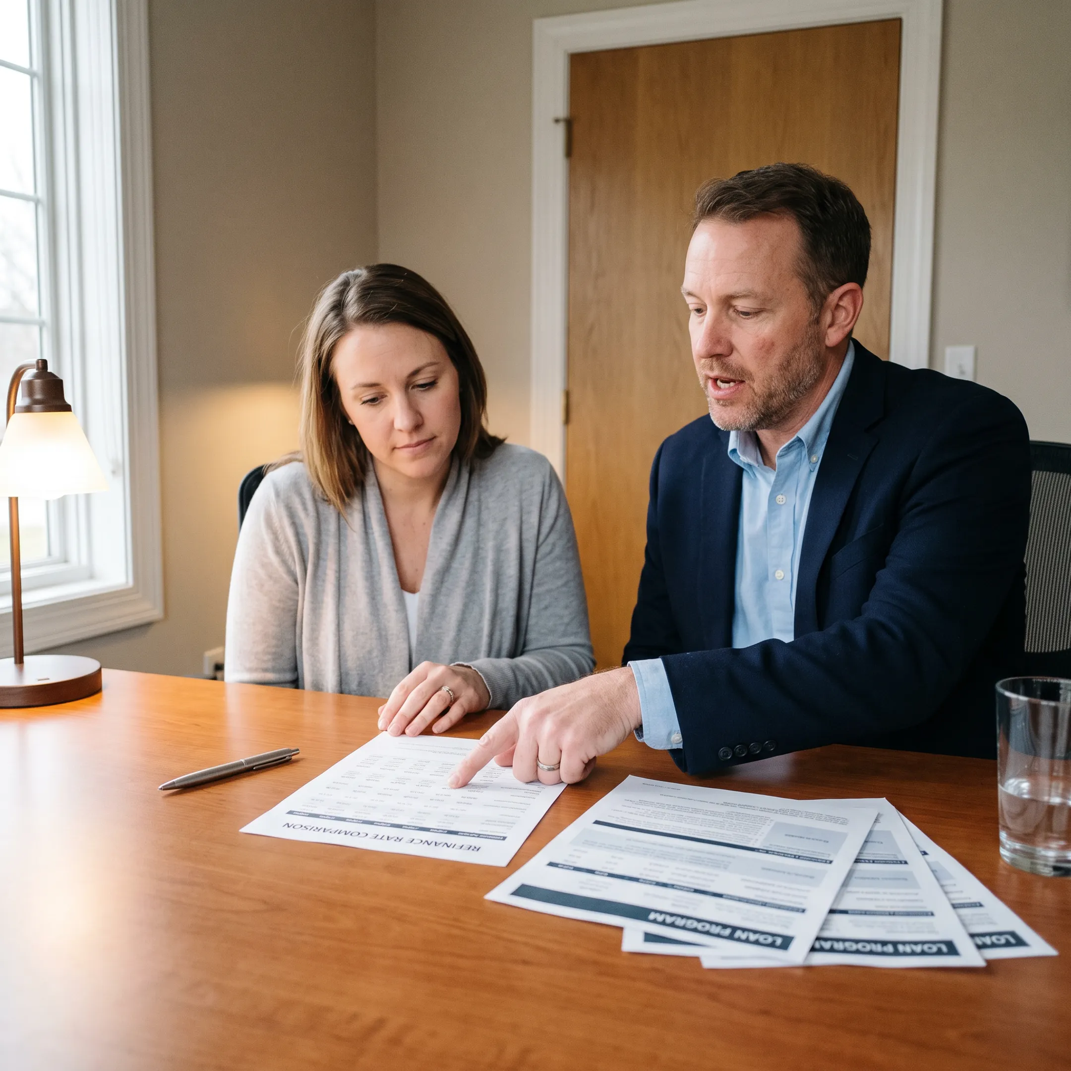 Advisor explaining refinance loan comparison to homeowner