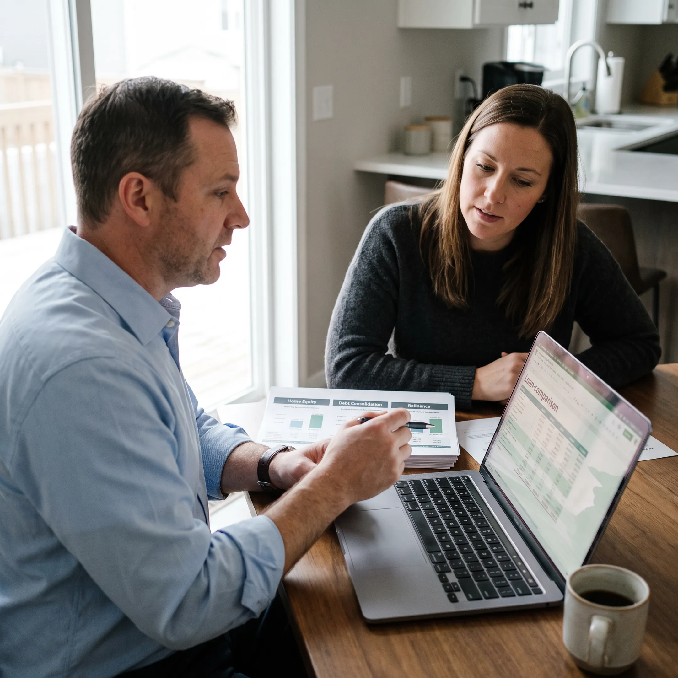 Homeowner discussing refinance choices with mortgage professional