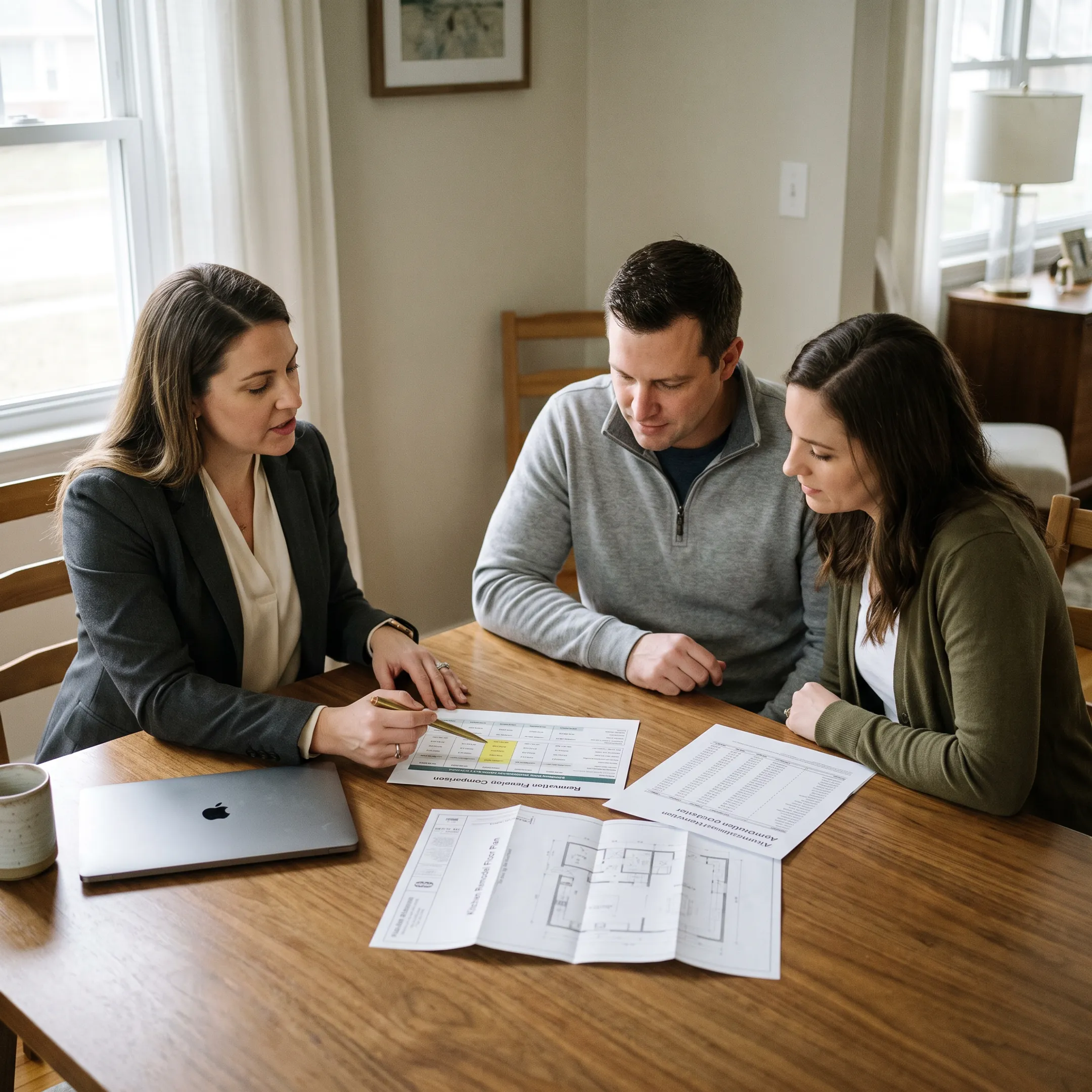Homeowners reviewing home remodel loan options with a mortgage advisor