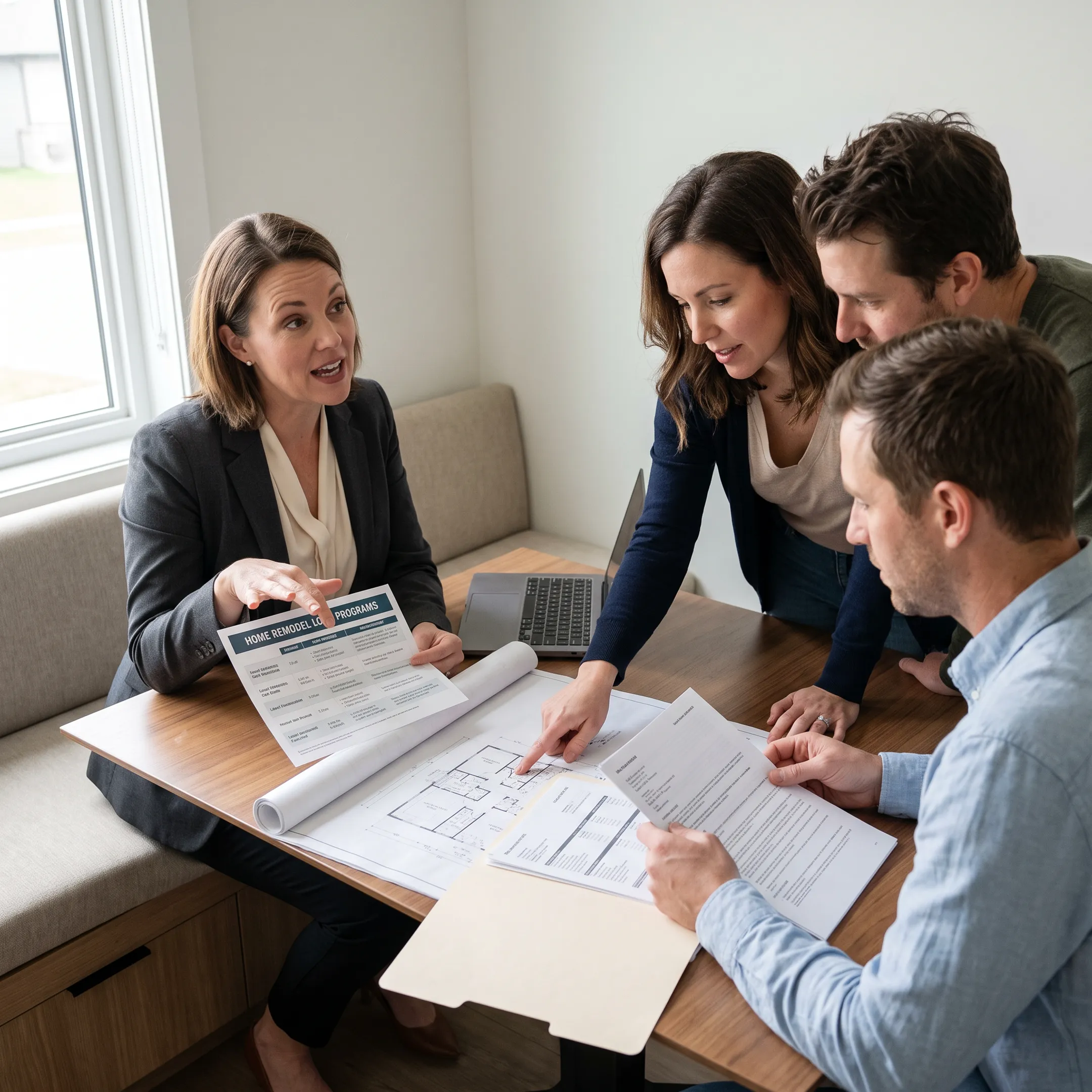 Mortgage advisor explaining renovation loan choices to homeowners