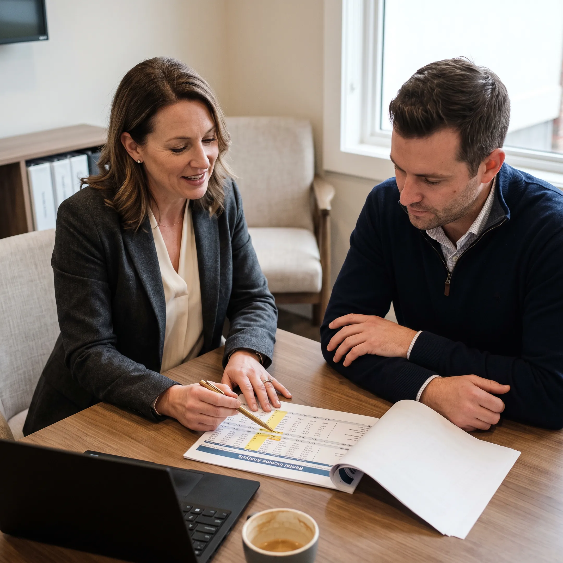 Mortgage advisor explaining property cash-flow financing to investor