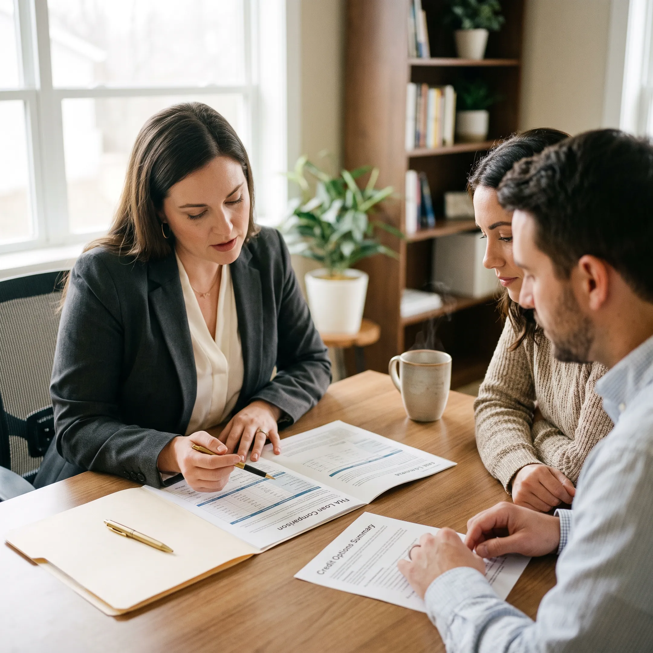 Mortgage advisor discussing FHA home loan options with a prospective homebuyer