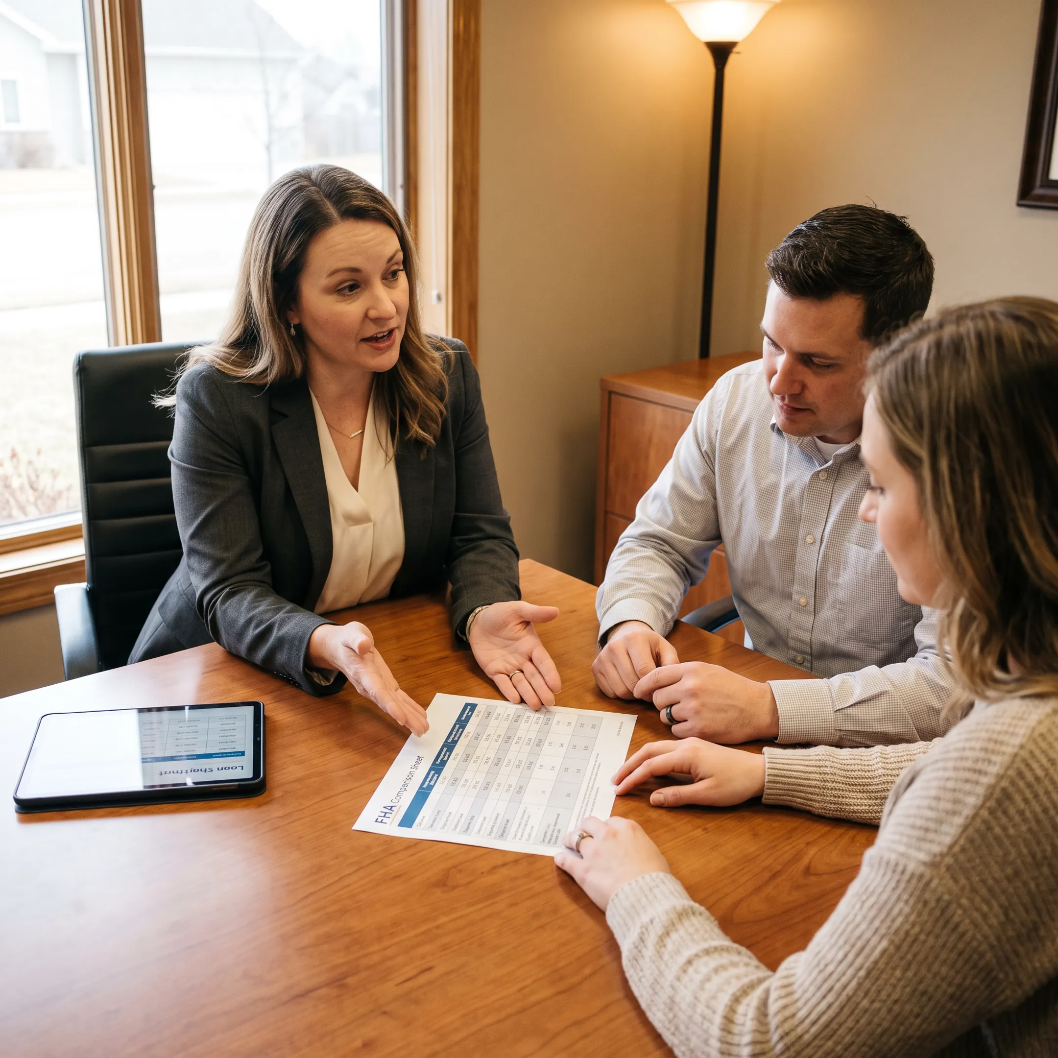 Advisor explaining FHA mortgage qualification options to a homebuyer