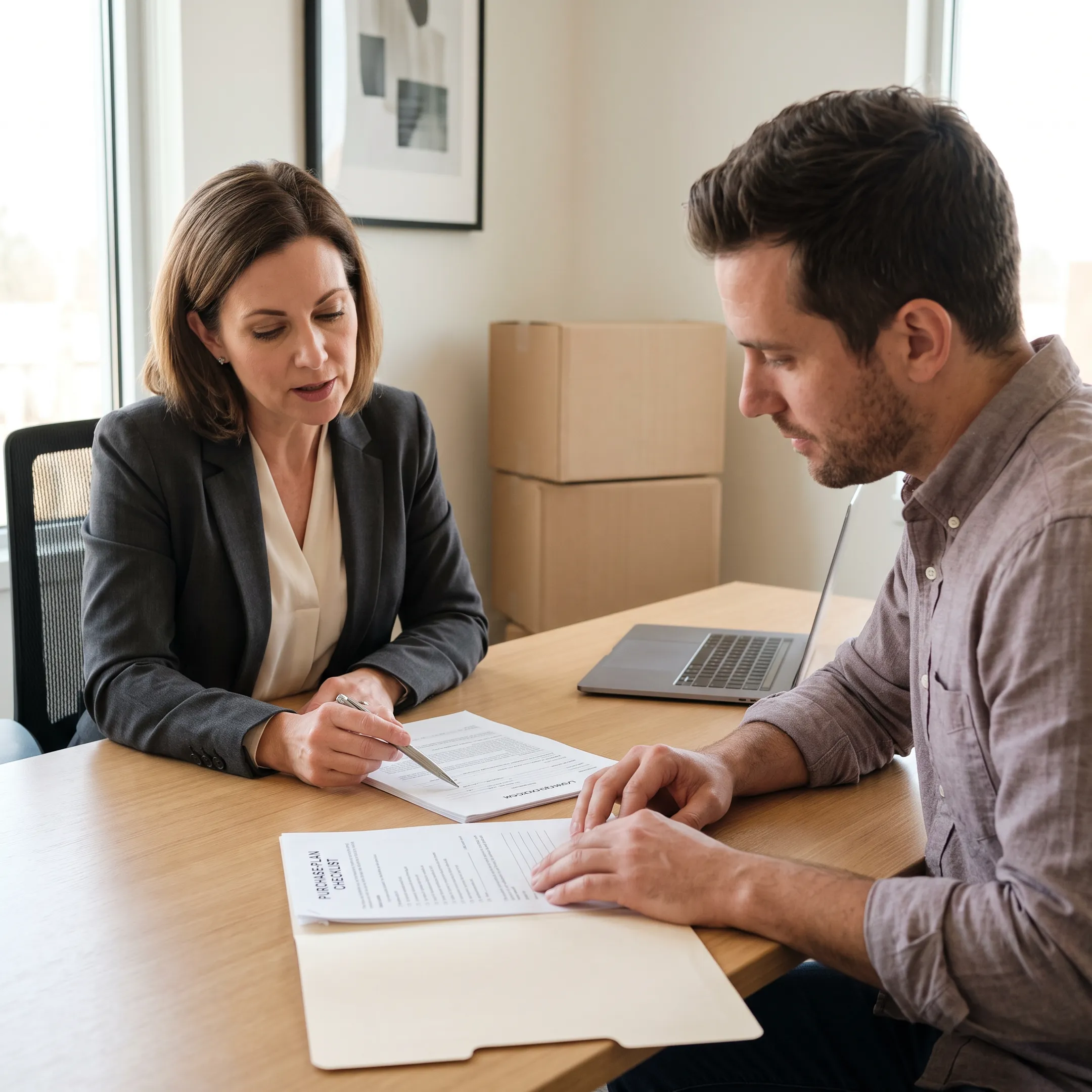 Mortgage advisor reviewing relocation home loan documents with a borrower