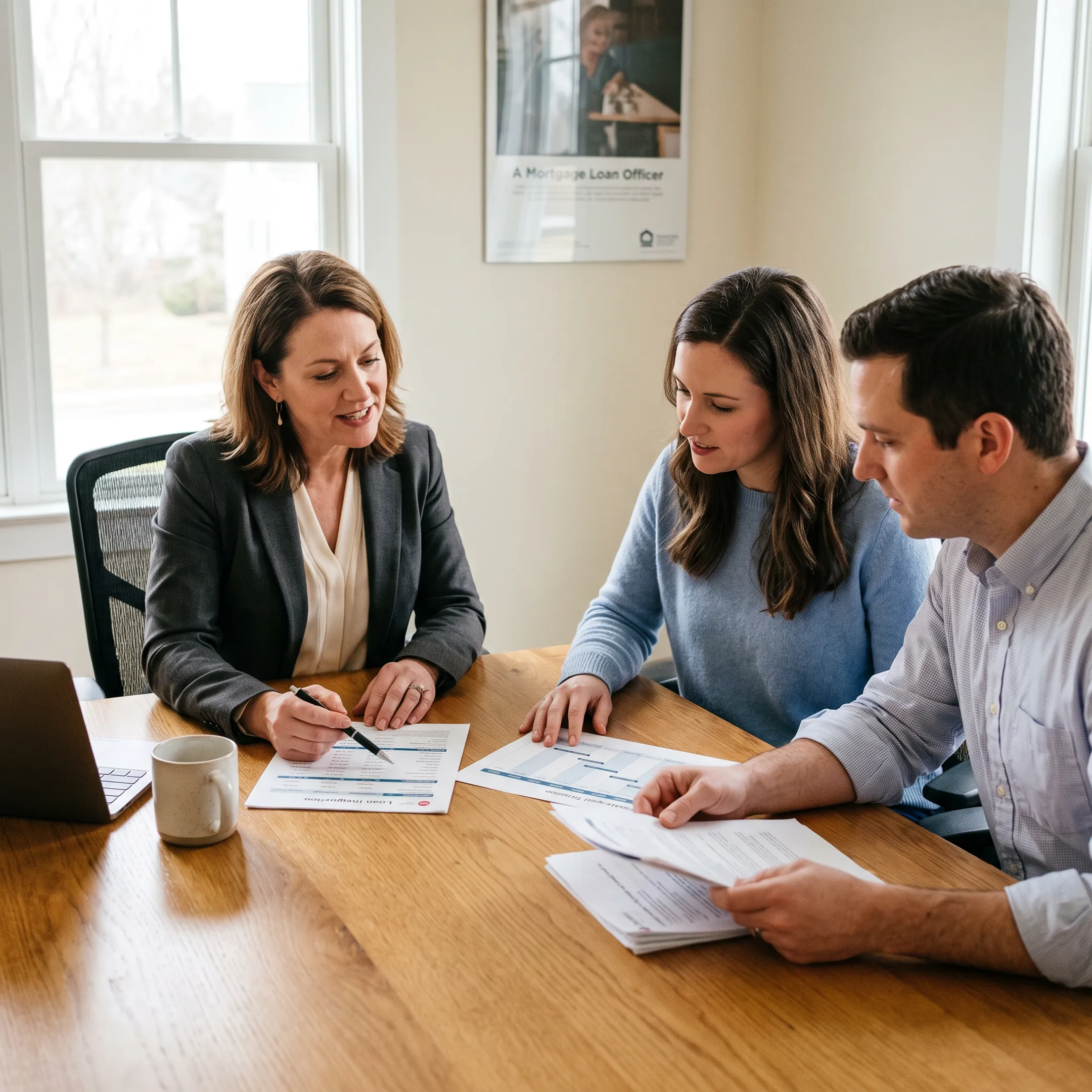 Advisor explaining emergency relocation mortgage options to a couple