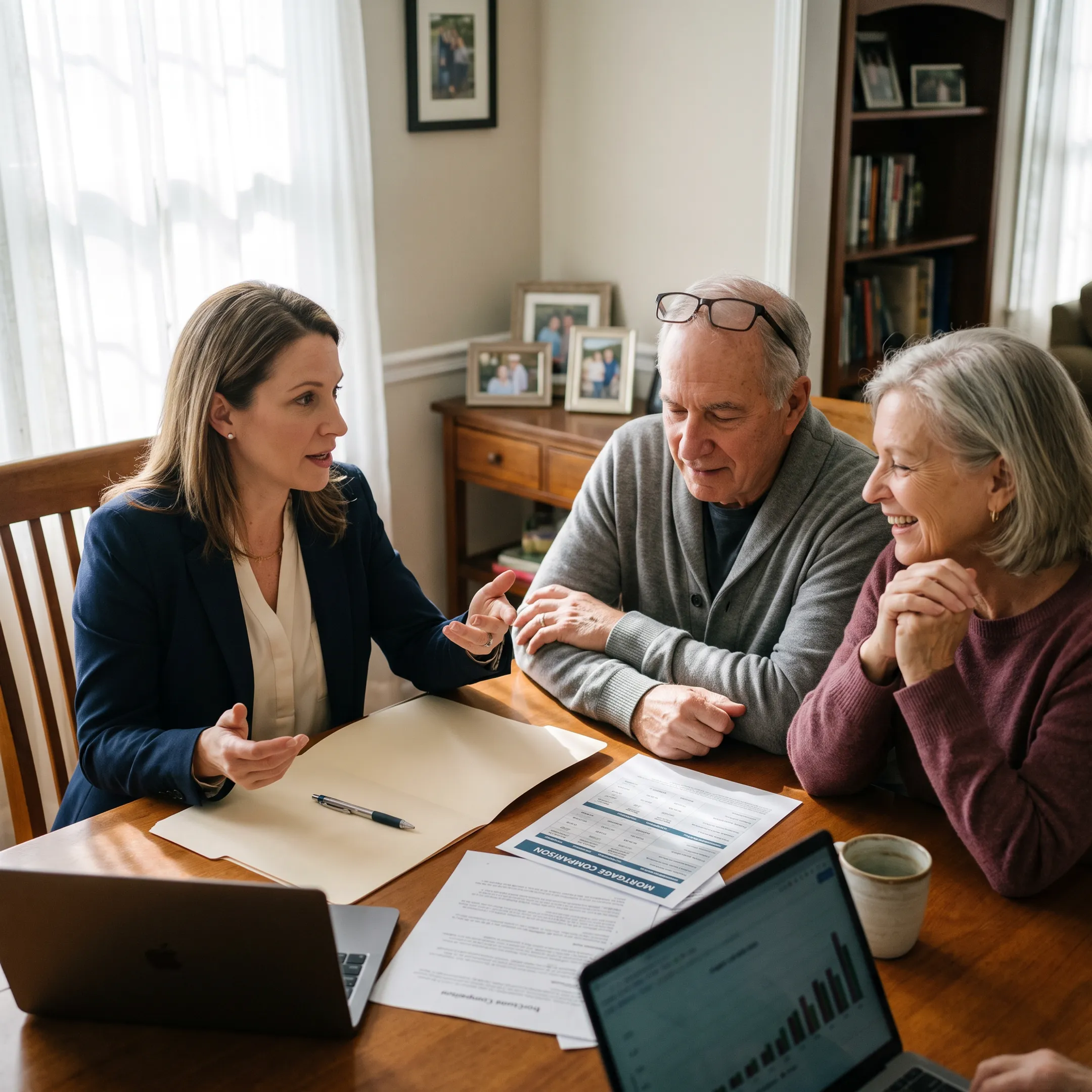 Mortgage advisor explaining reverse mortgage and home equity financing options to a New Jersey homeowner