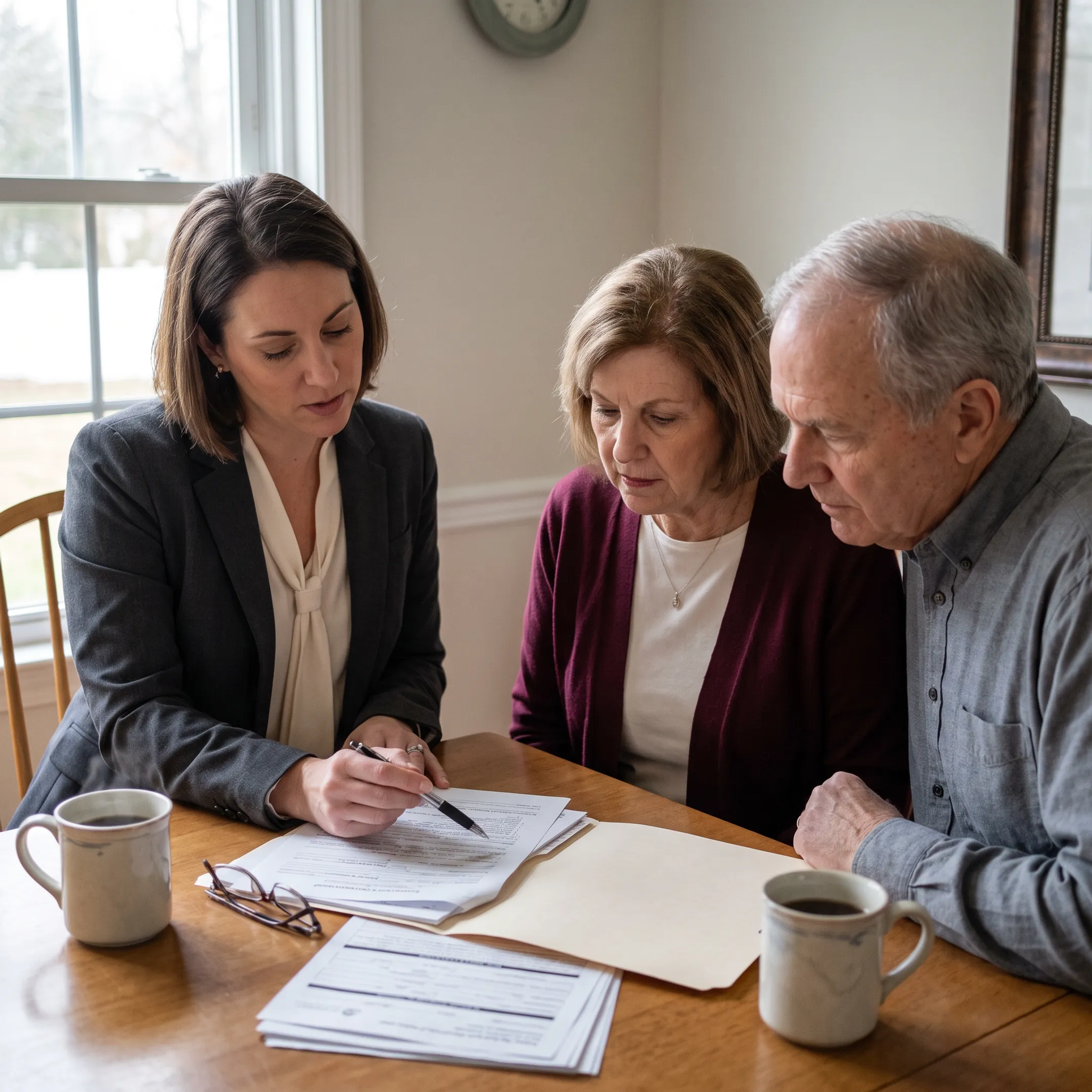 Older New Jersey homeowners reviewing reverse mortgage and home equity loan documents with a mortgage advisor