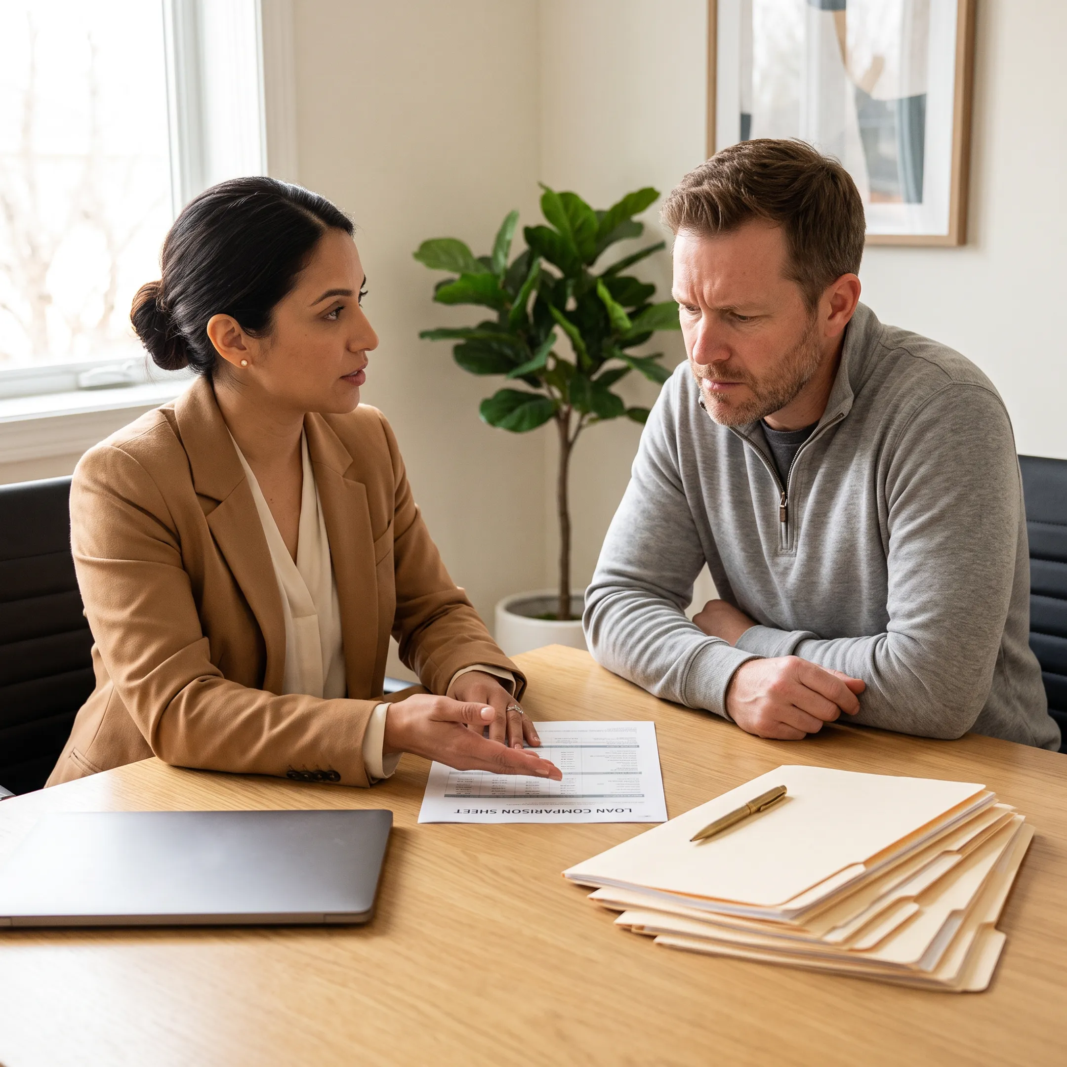 Advisor explaining mortgage choices to a California homebuyer
