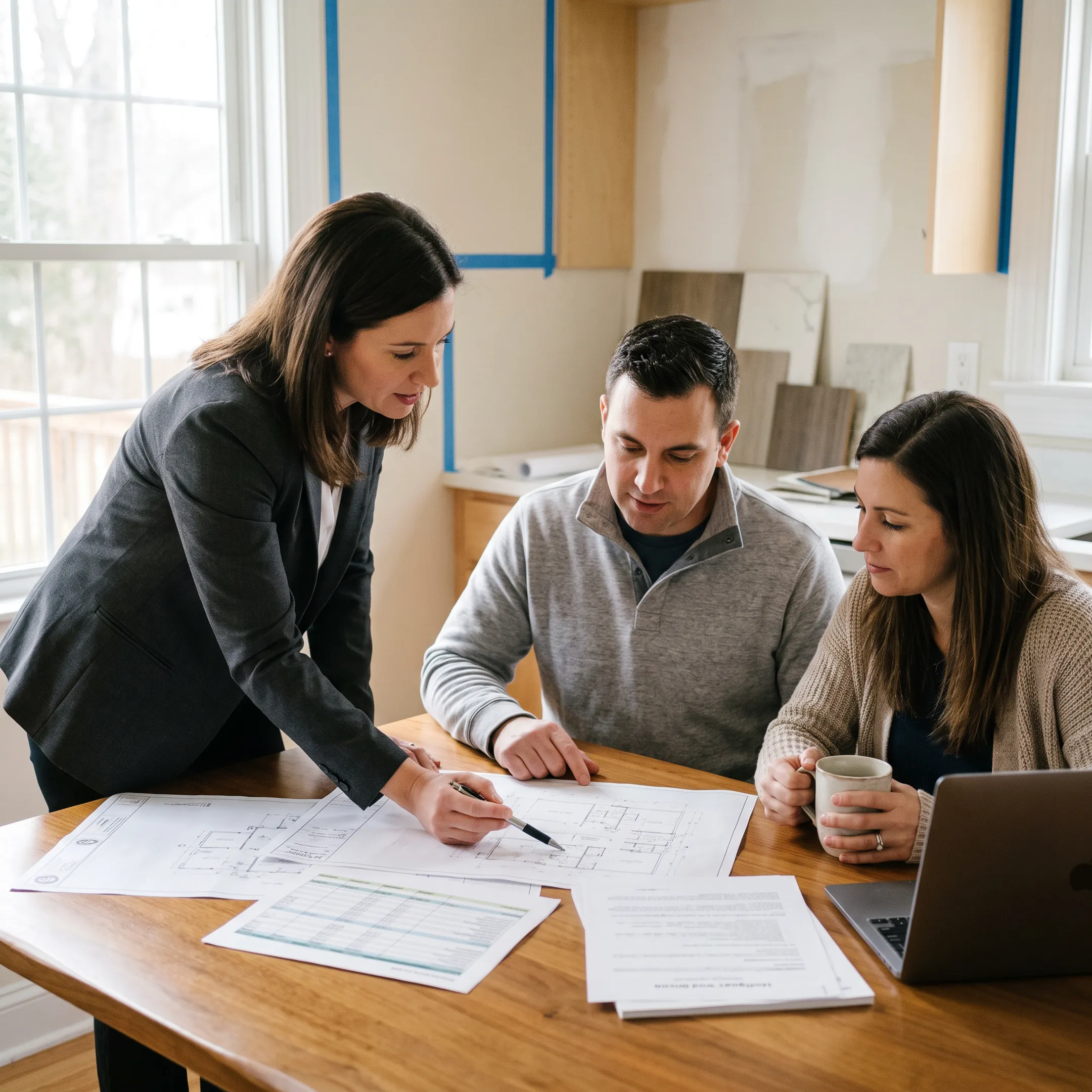 Home renovation planning with lender and homeowner reviewing construction documents