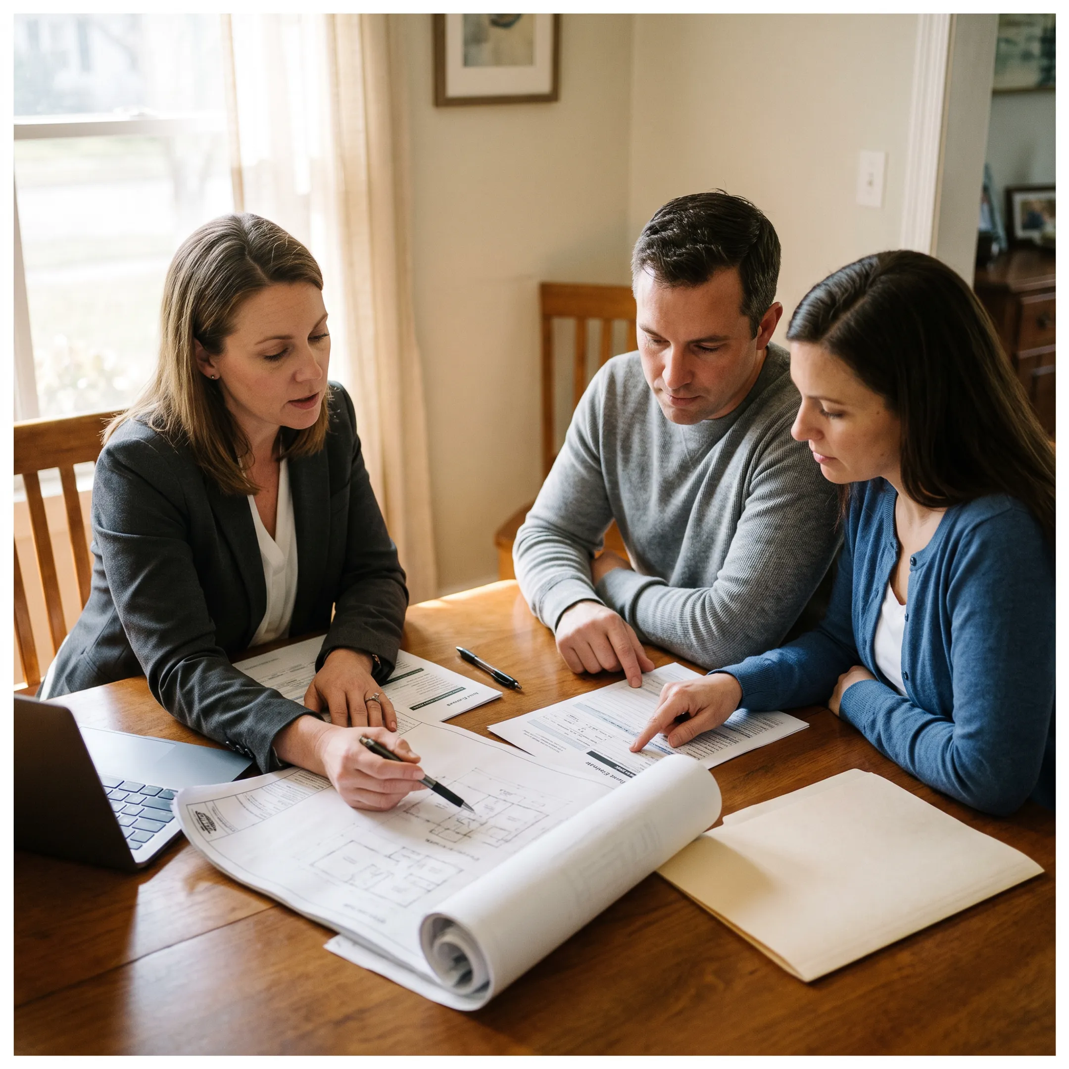 Homeowners completing a renovation loan application with a mortgage advisor