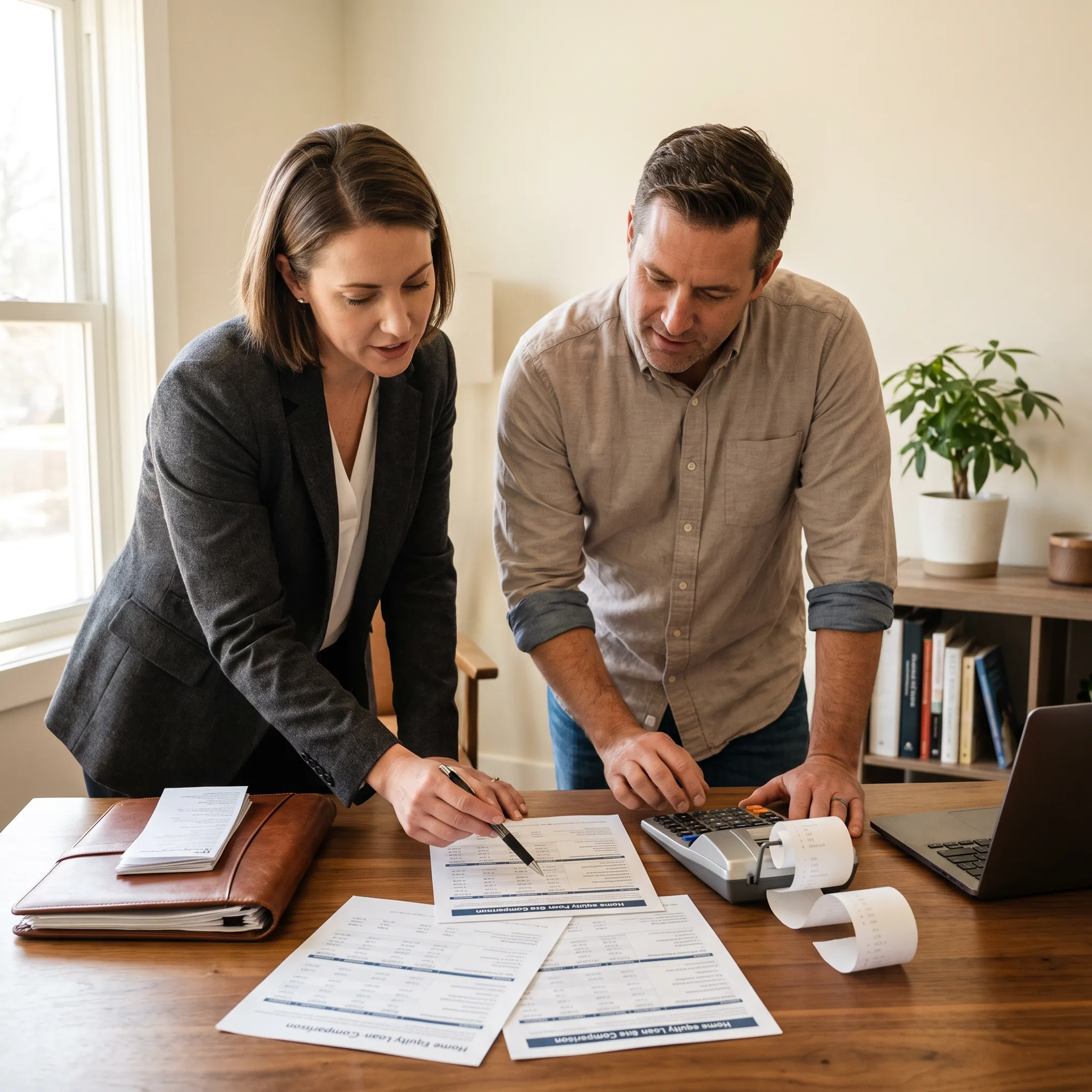 Homeowner comparing home equity loan and HELOC options with a mortgage advisor