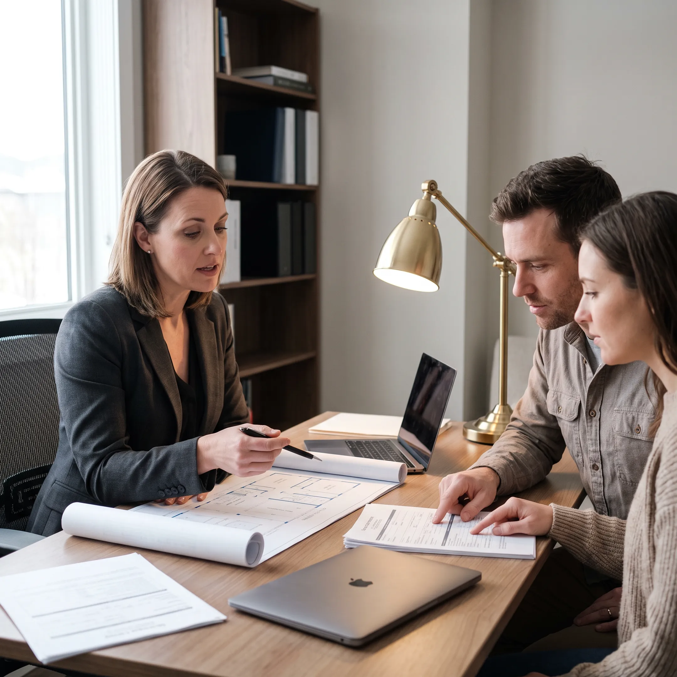 Mortgage professional reviewing modular home financing documents with a borrower