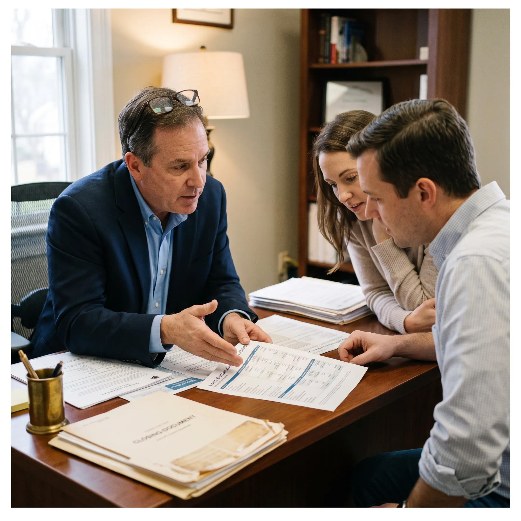 Advisor explaining FHA mortgage choices to a couple