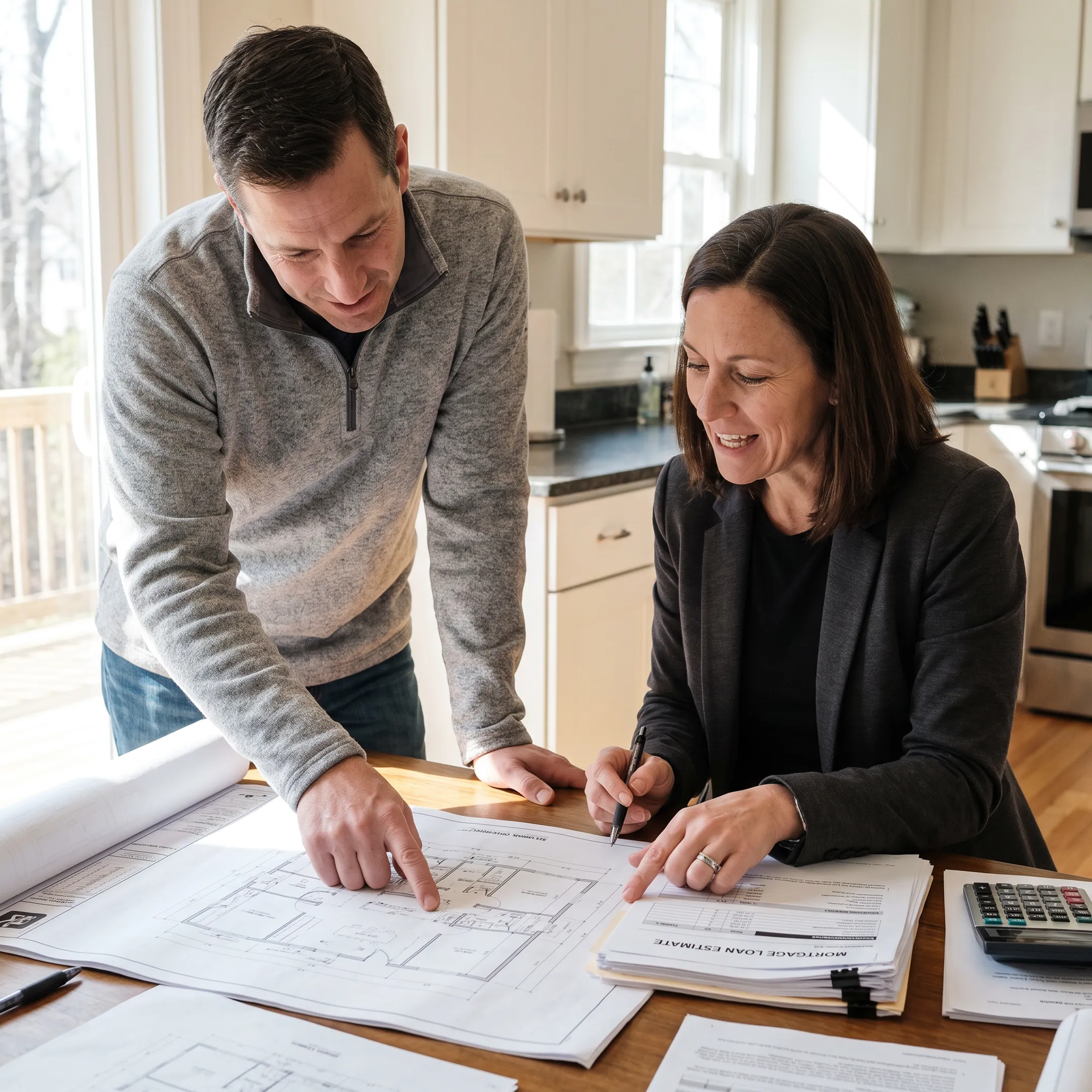 Home renovation plans beside mortgage paperwork and calculator
