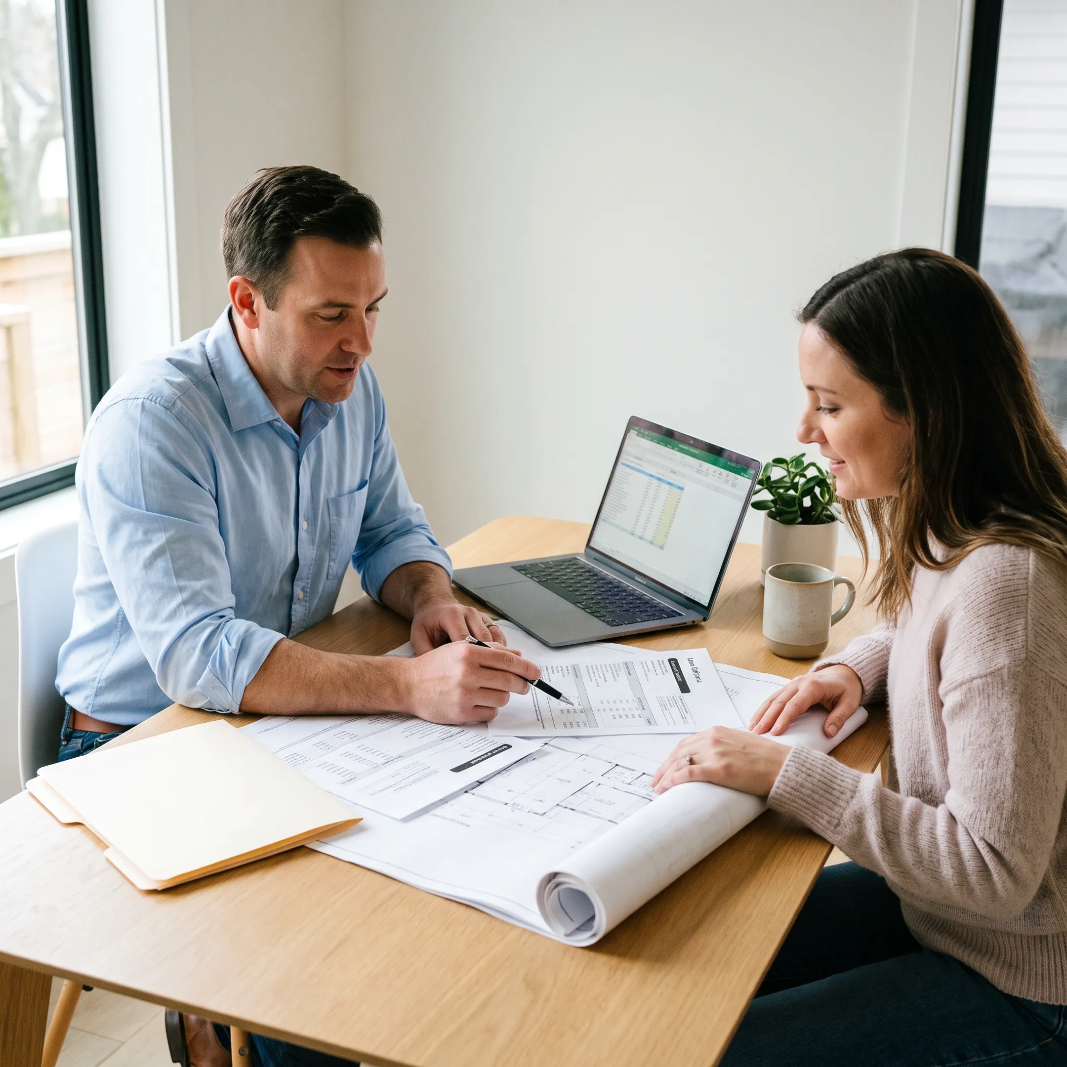Homeowner reviewing renovation loan documents with a mortgage advisor