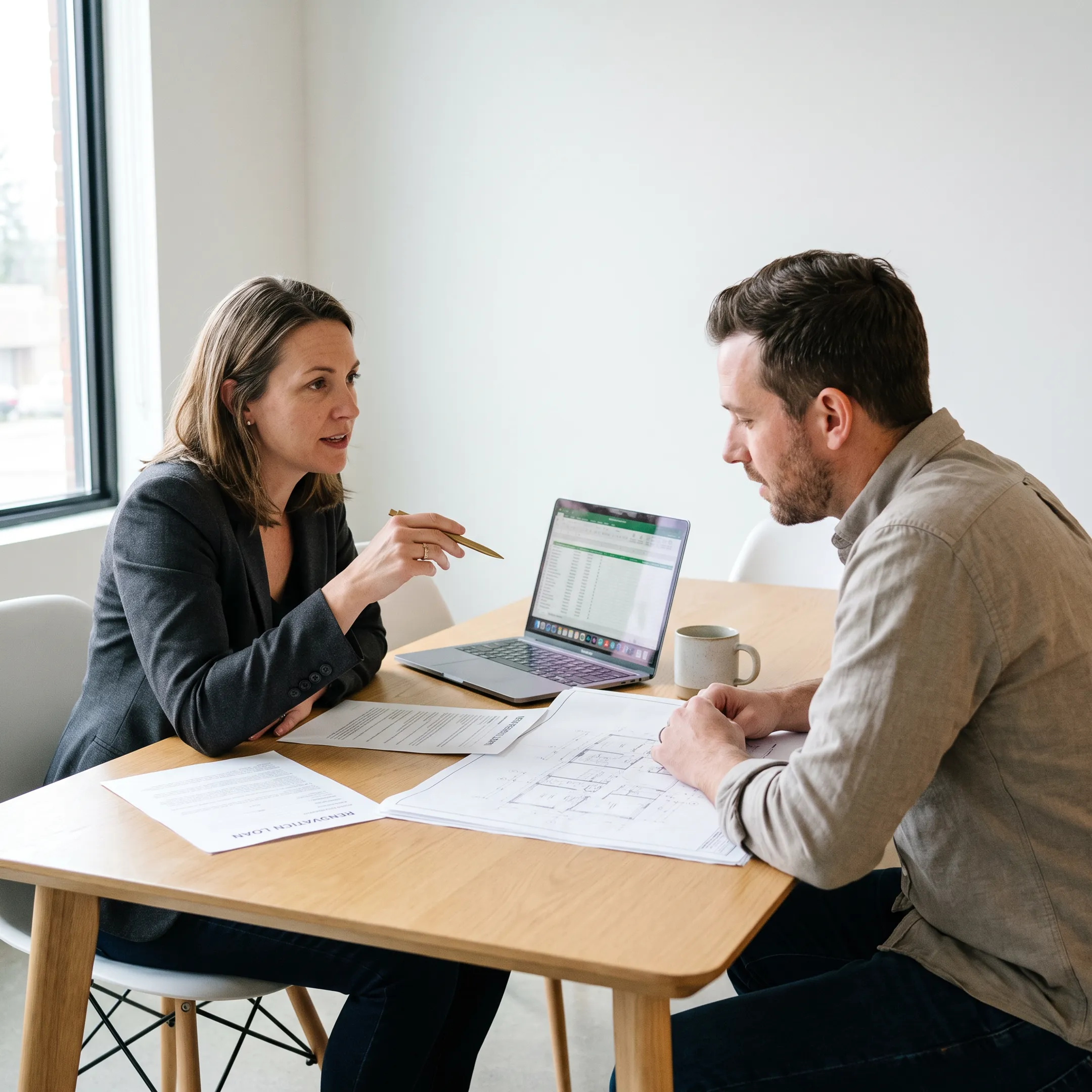 Homeowner reviewing renovation financing plans with a mortgage advisor