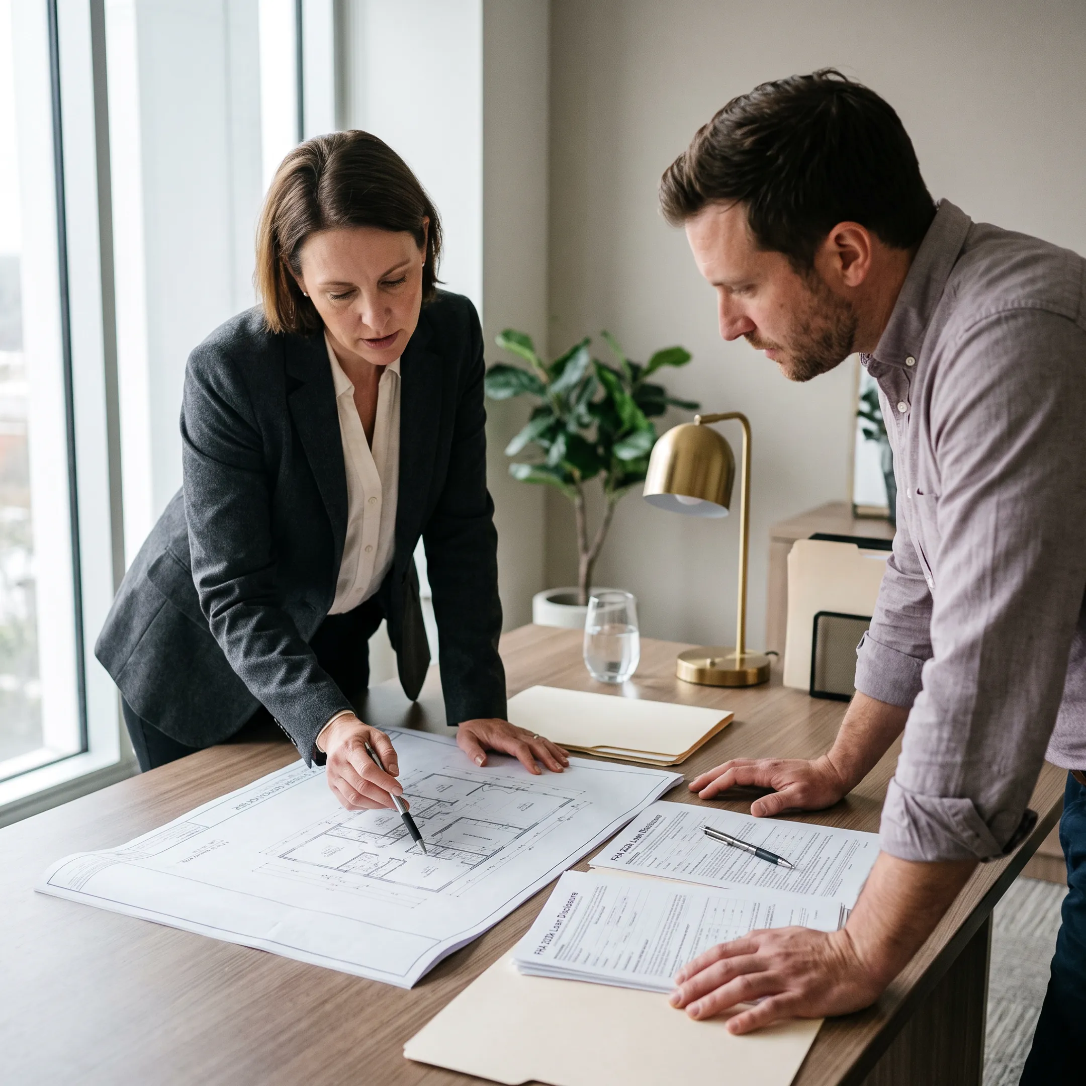 Mortgage professional reviewing FHA 203k renovation loan documents with New Jersey homebuyer