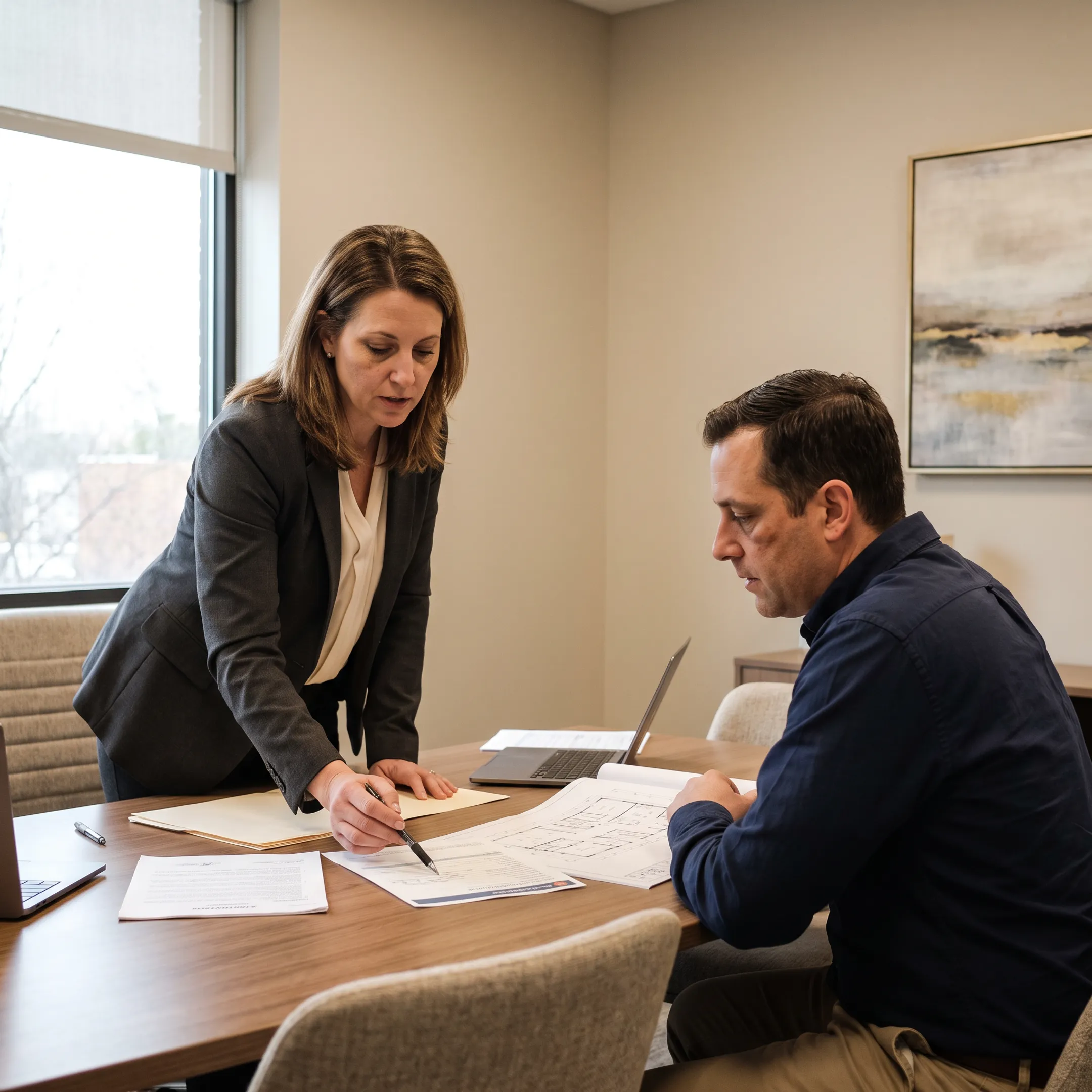 Mortgage advisor explaining FHA 203k loan application steps to a homebuyer
