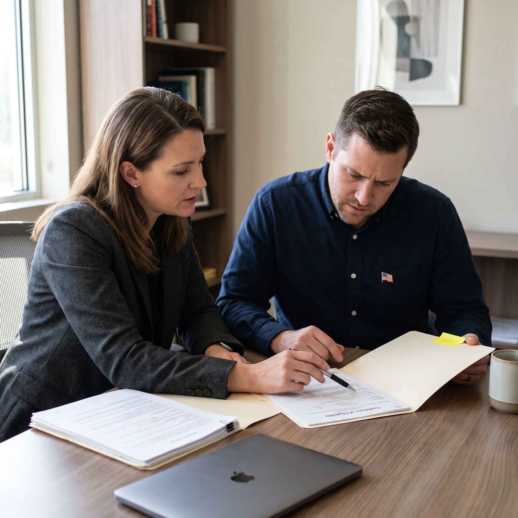Mortgage professional reviewing VA loan documents with a veteran homebuyer