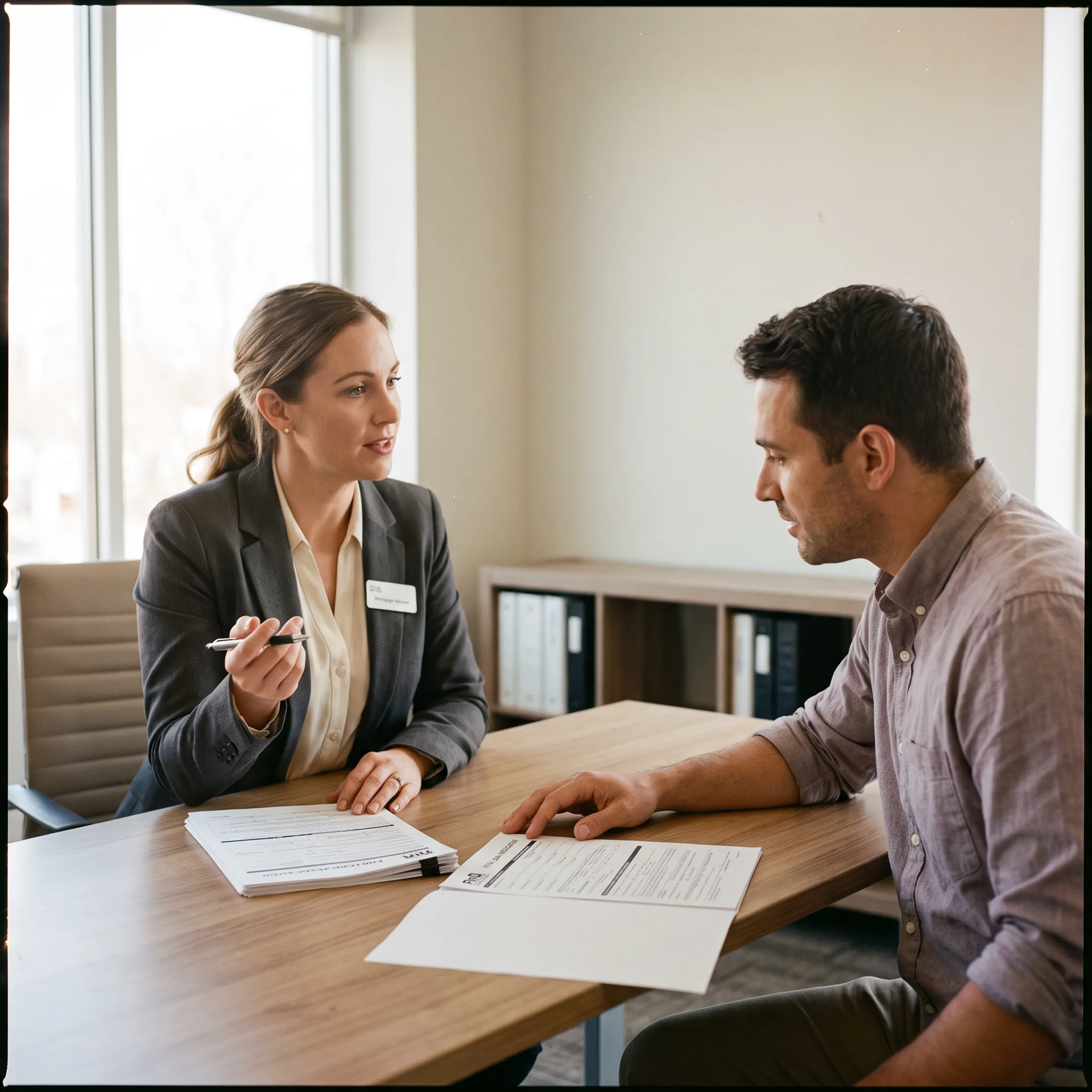 Mortgage professional explaining FHA loan application documents to homebuyer
