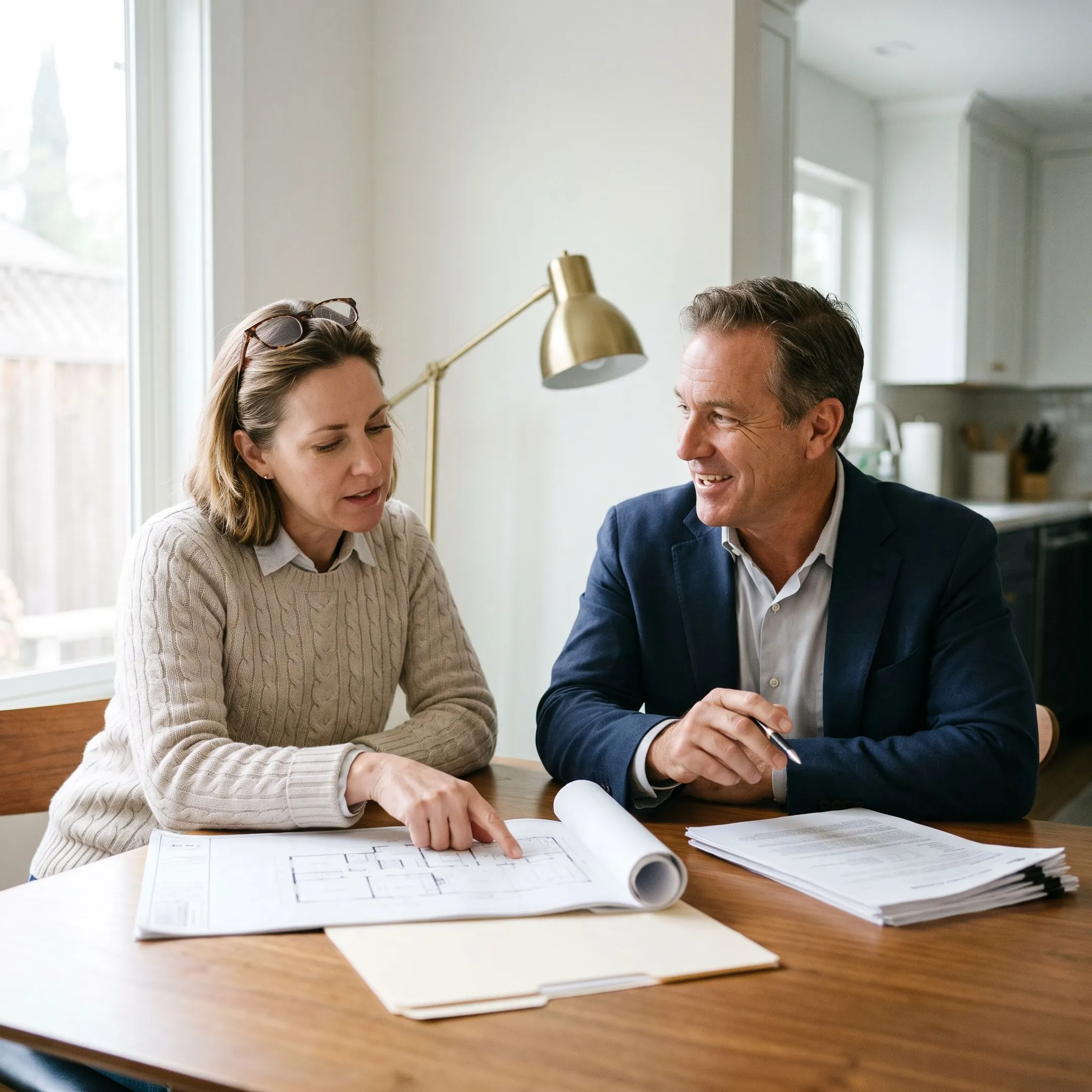 California homeowner reviewing renovation loan documents and project plans