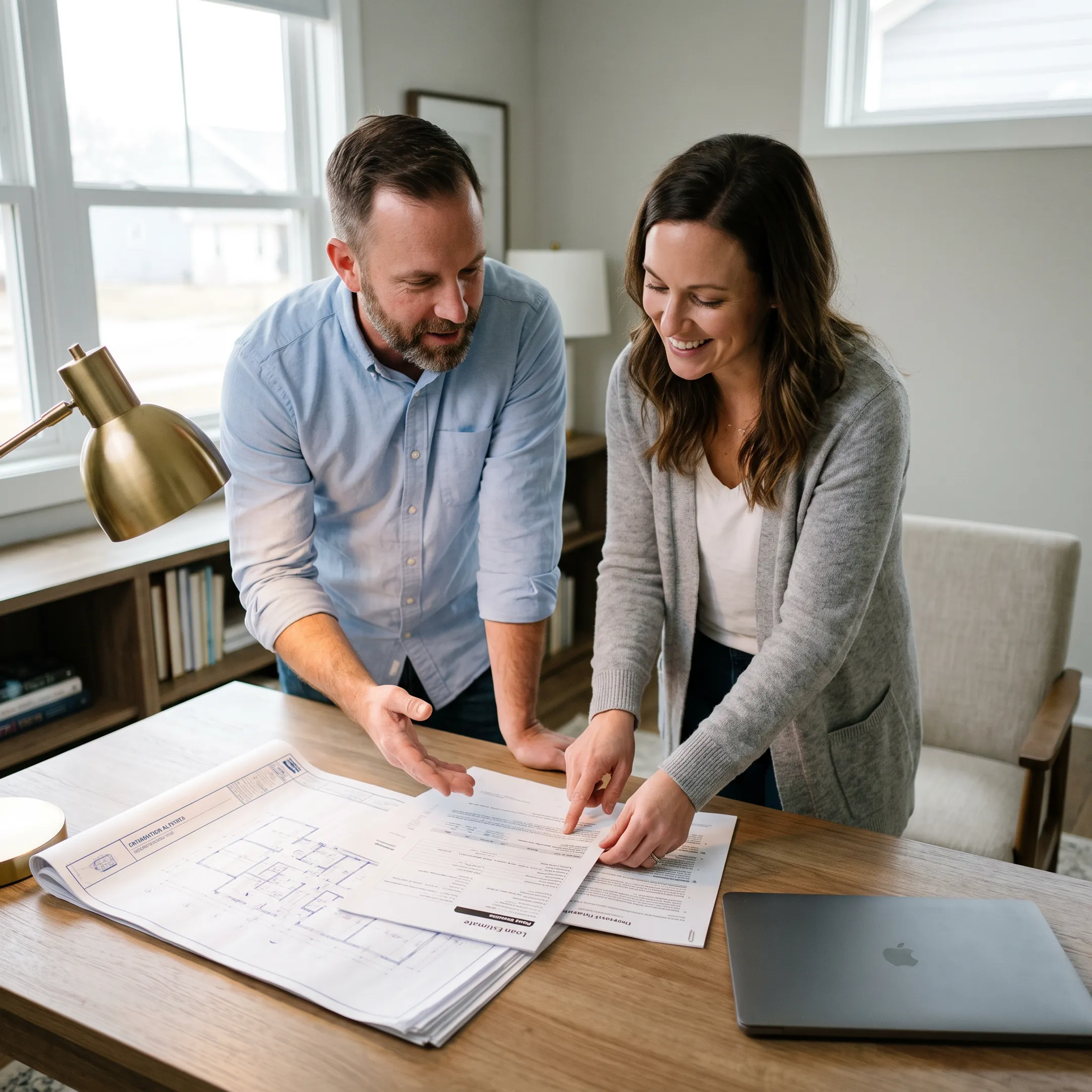 Homeowner reviewing renovation financing estimates with a mortgage professional