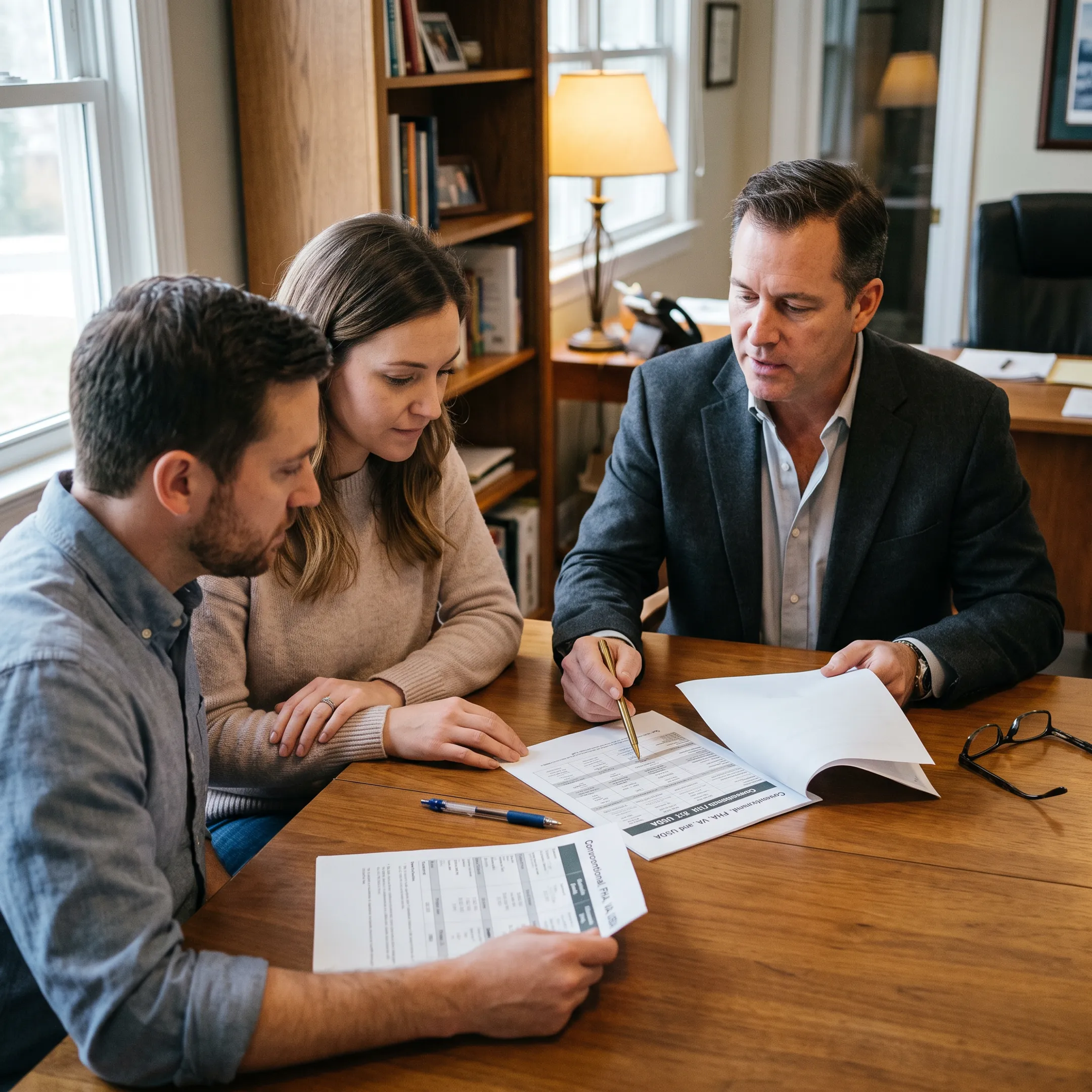 Mortgage advisor comparing conventional and government home loan options with homebuyers