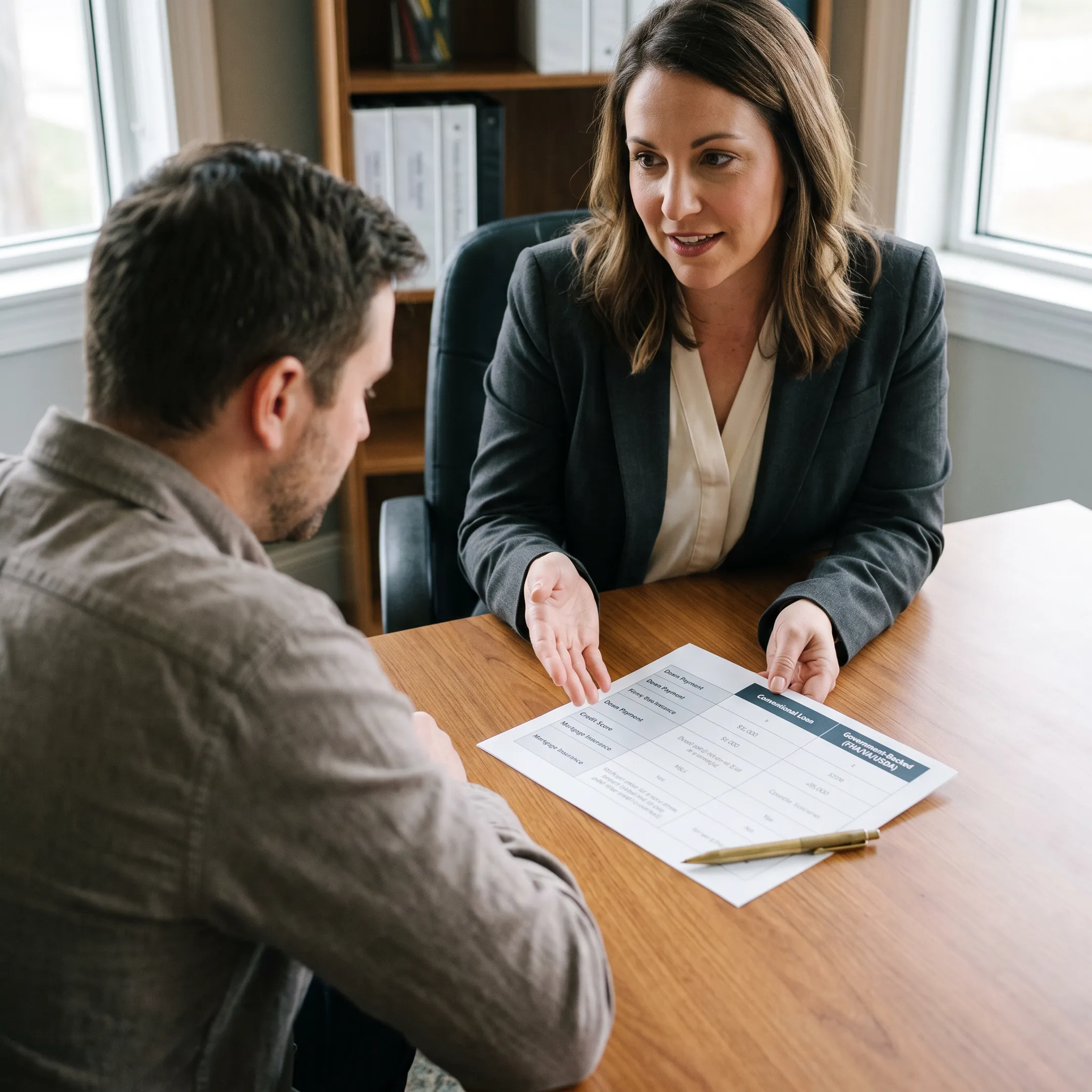 Advisor explaining mortgage loan comparisons to a homebuyer
