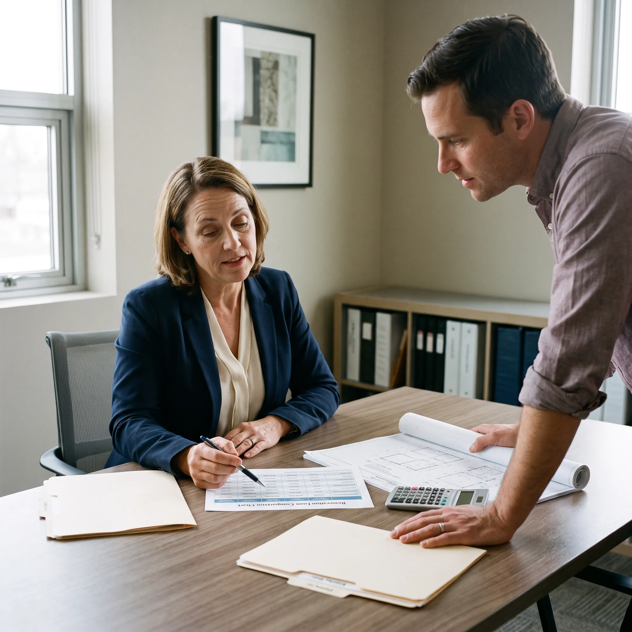 Advisor explaining renovation mortgage choices to a homeowner