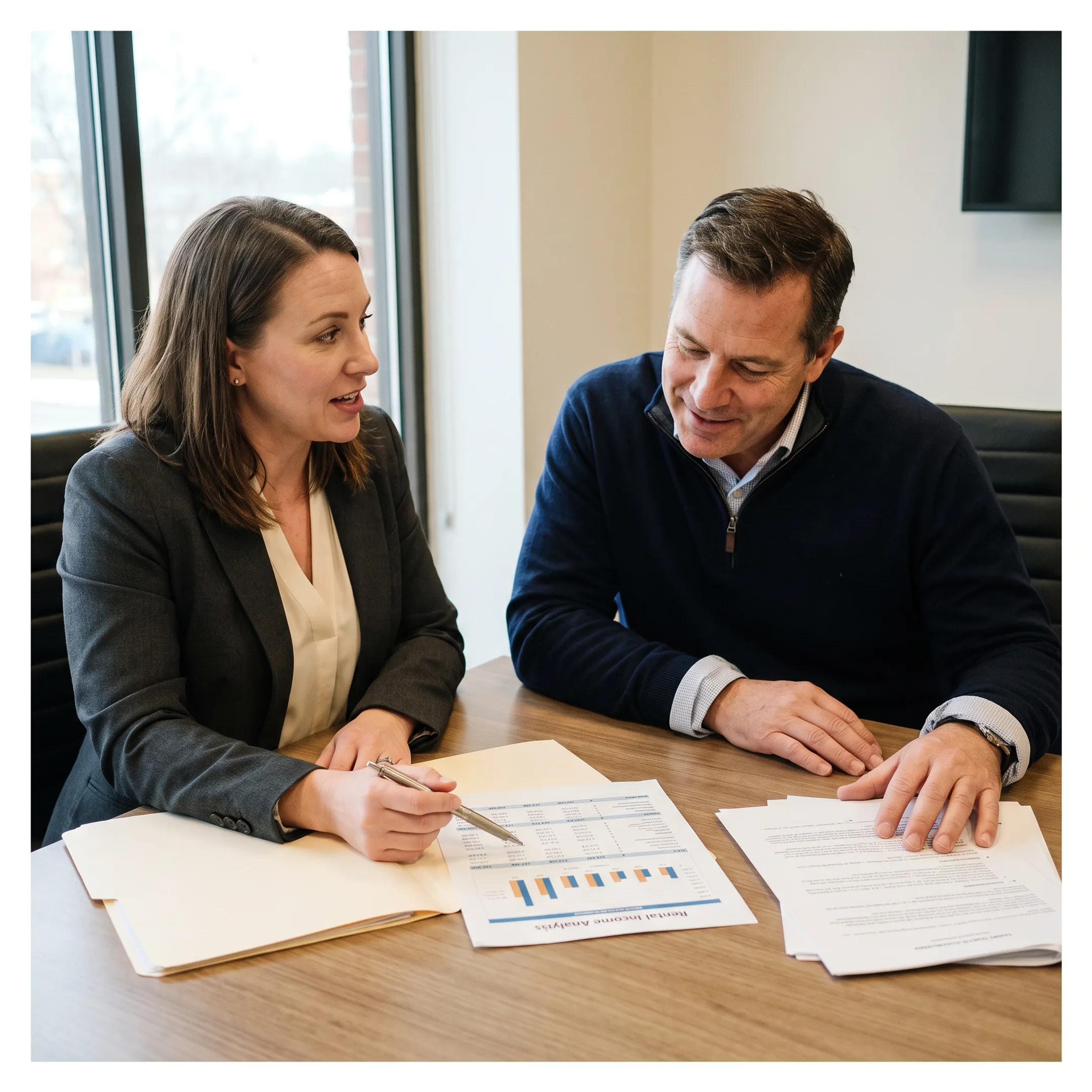 Investor reviewing Pennsylvania rental property cash flow with mortgage specialist