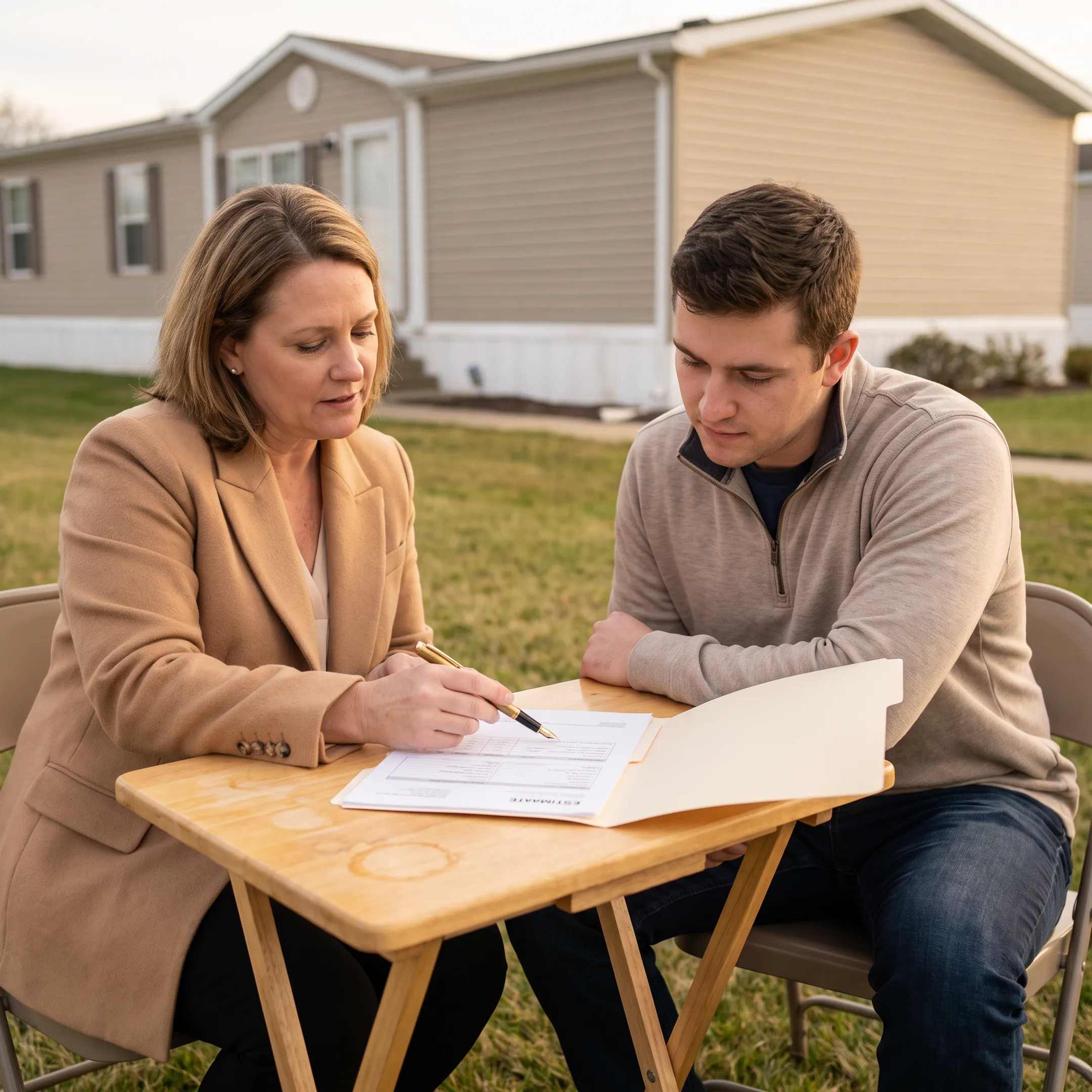 First-time buyer reviewing manufactured home financing documents with a mortgage advisor