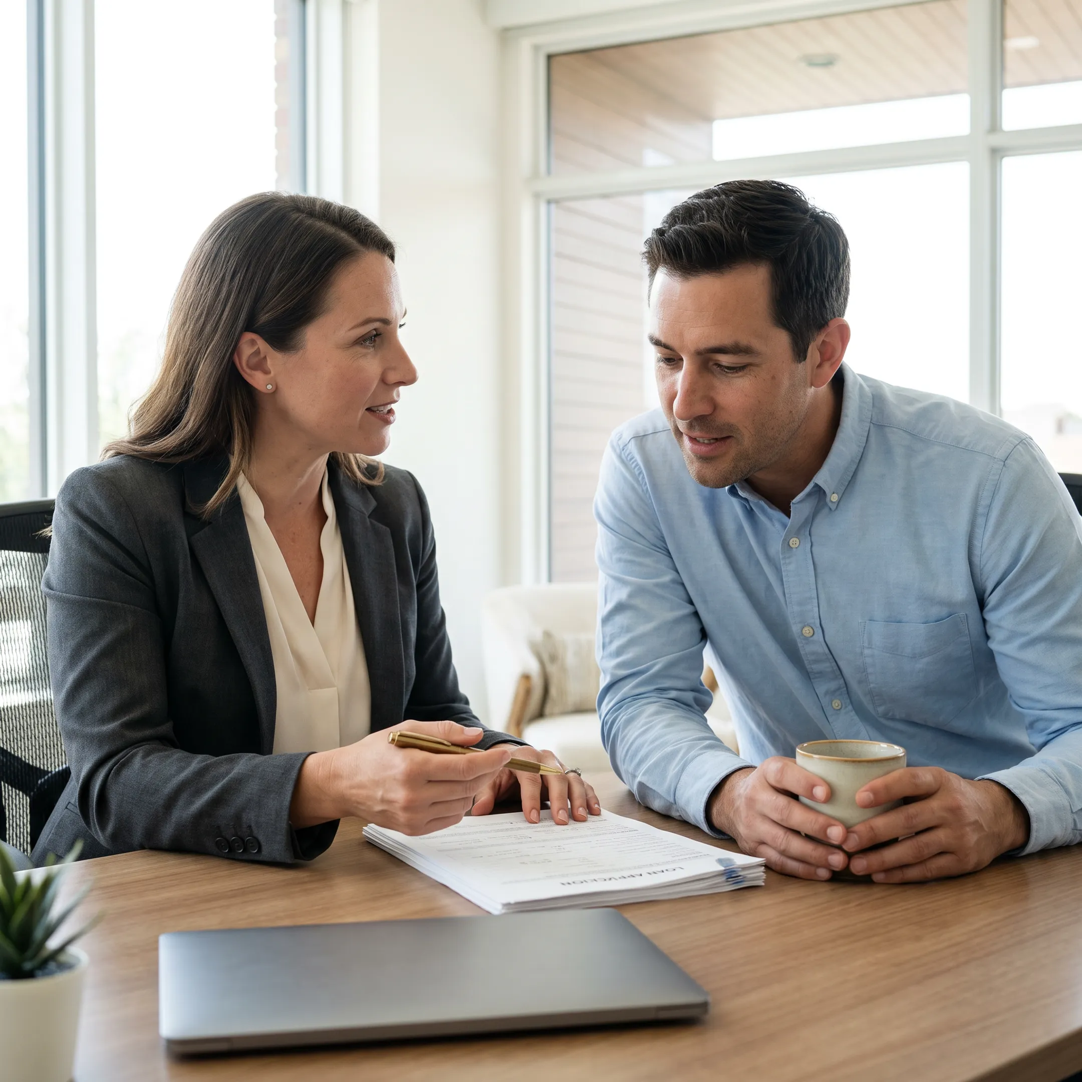 Mortgage advisor guiding first-time buyer through a home loan application