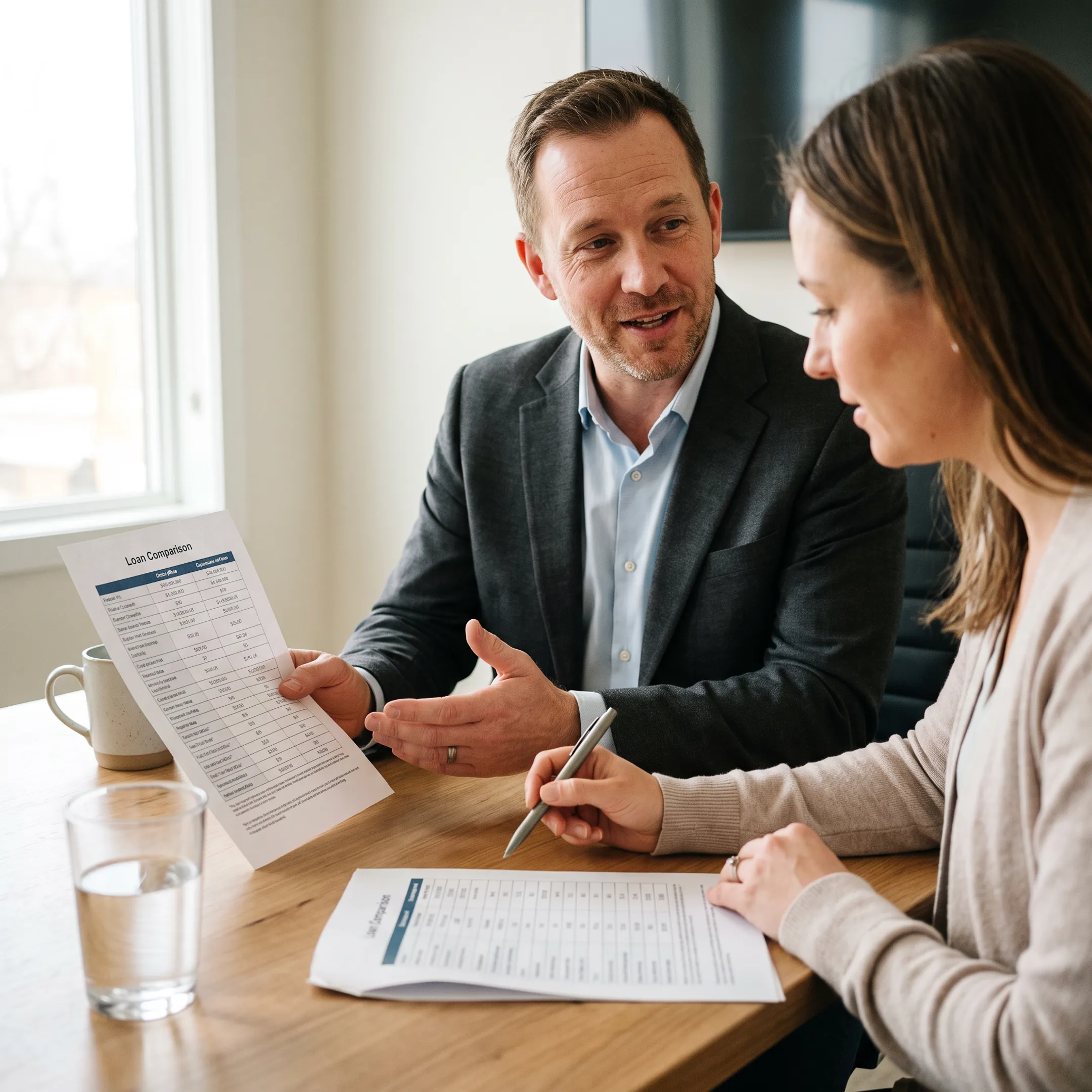 Advisor explaining mortgage choices to a homebuyer
