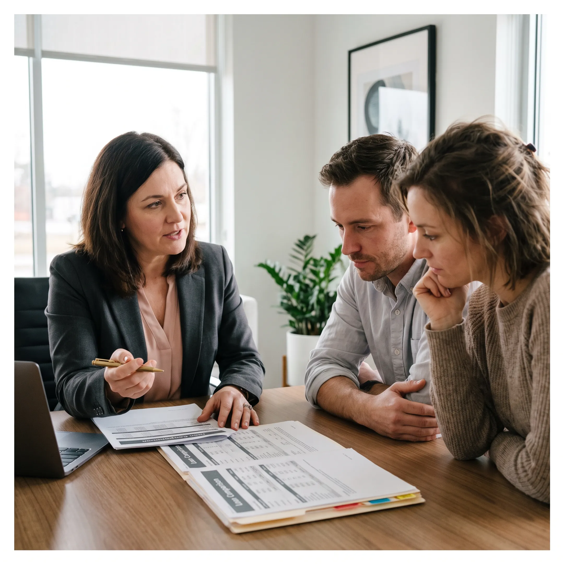 Mortgage advisor reviewing home loan options with a couple