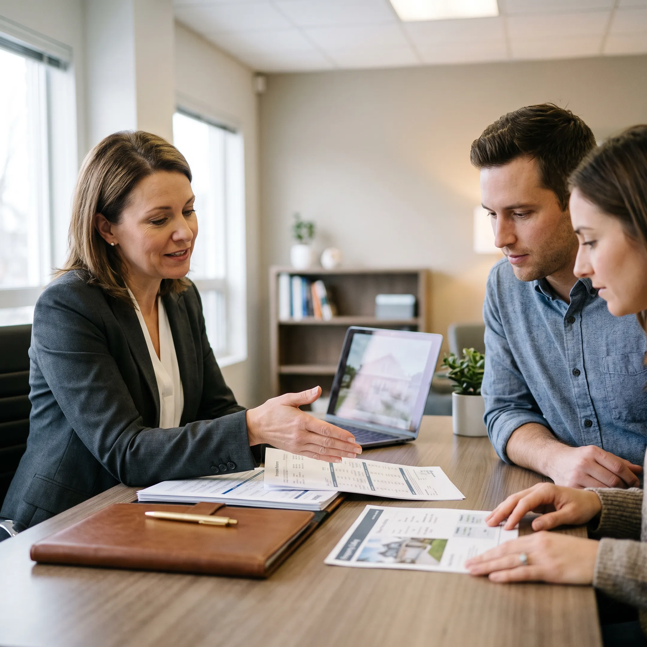 Advisor explaining mortgage options to homebuyers