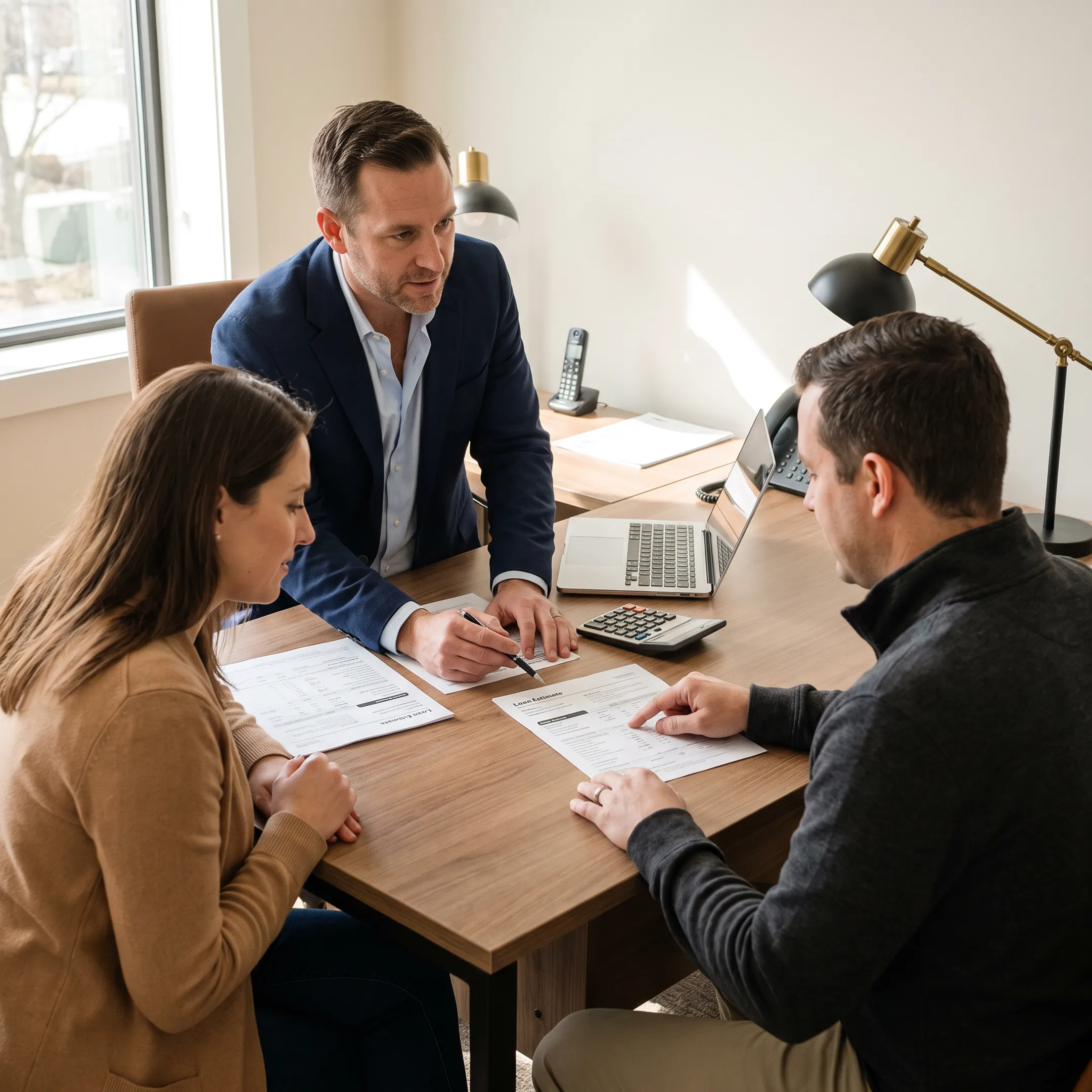 Mortgage professional reviewing home loan documents with a couple
