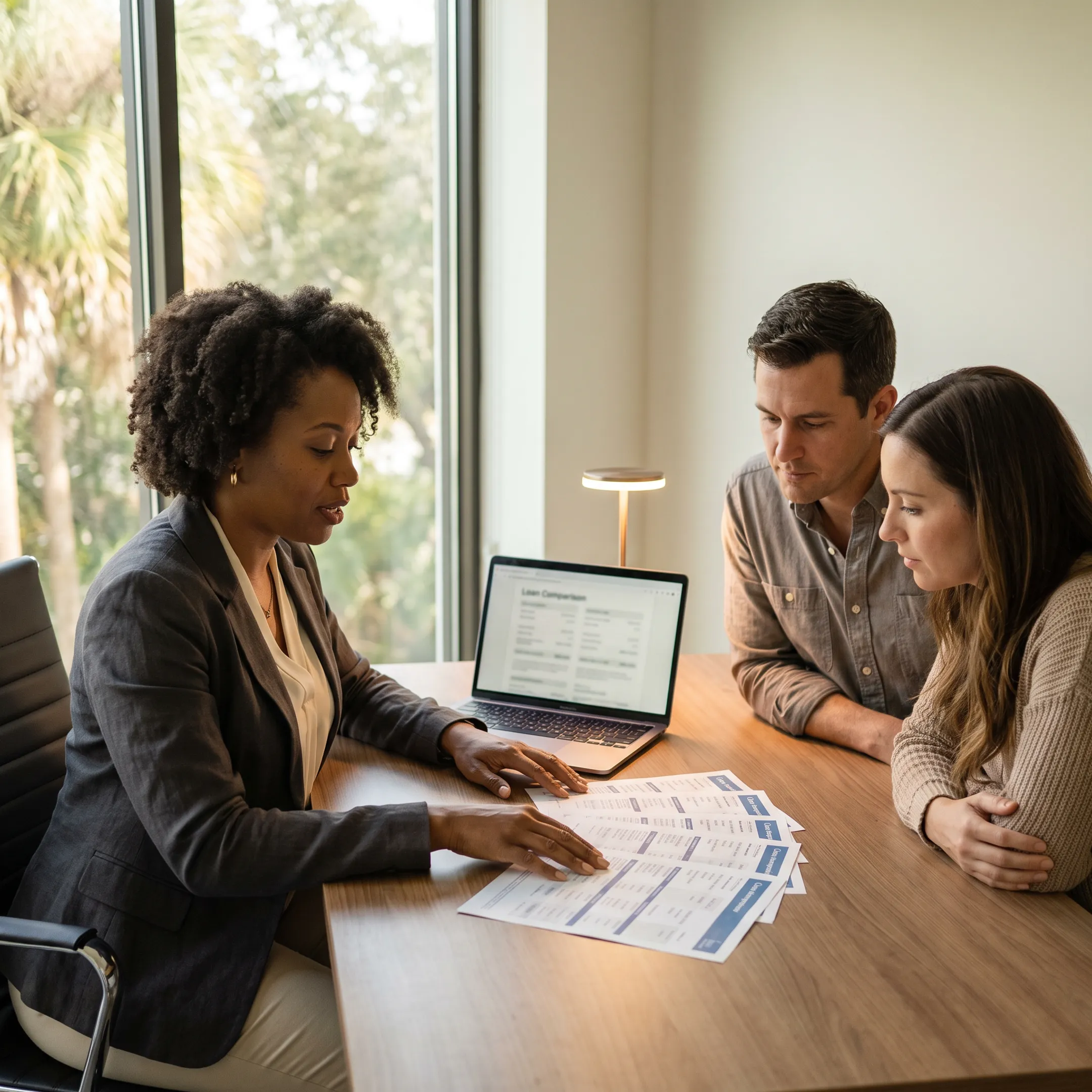 Advisor explaining mortgage choices to Florida homebuyer
