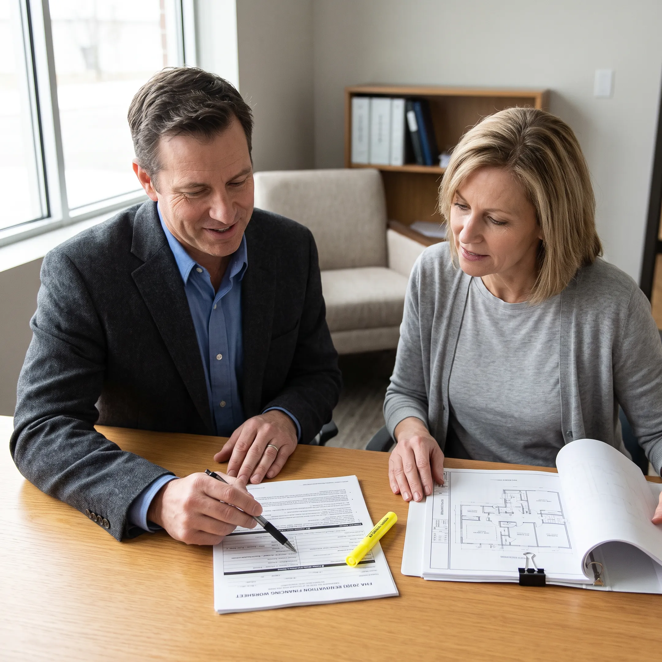 Georgia homeowner reviewing FHA 203(k) renovation plans with a mortgage advisor