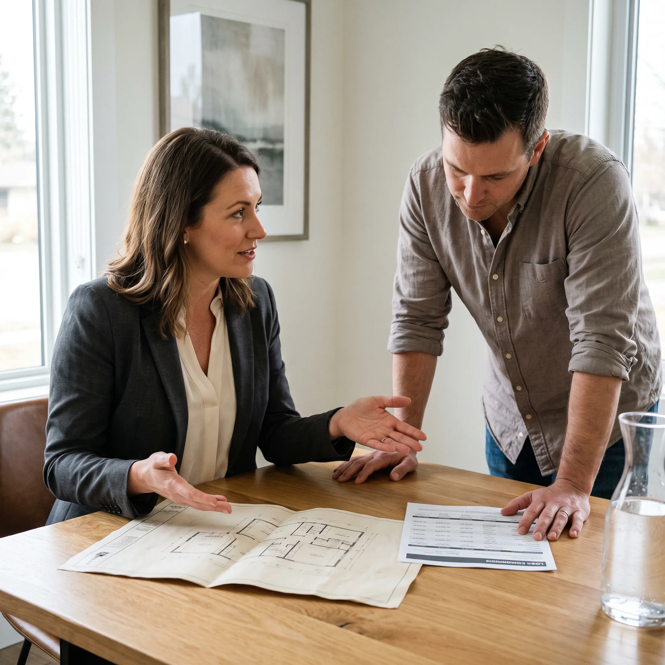 Advisor explaining FHA 203(k) loan advantages and limitations to a Georgia borrower