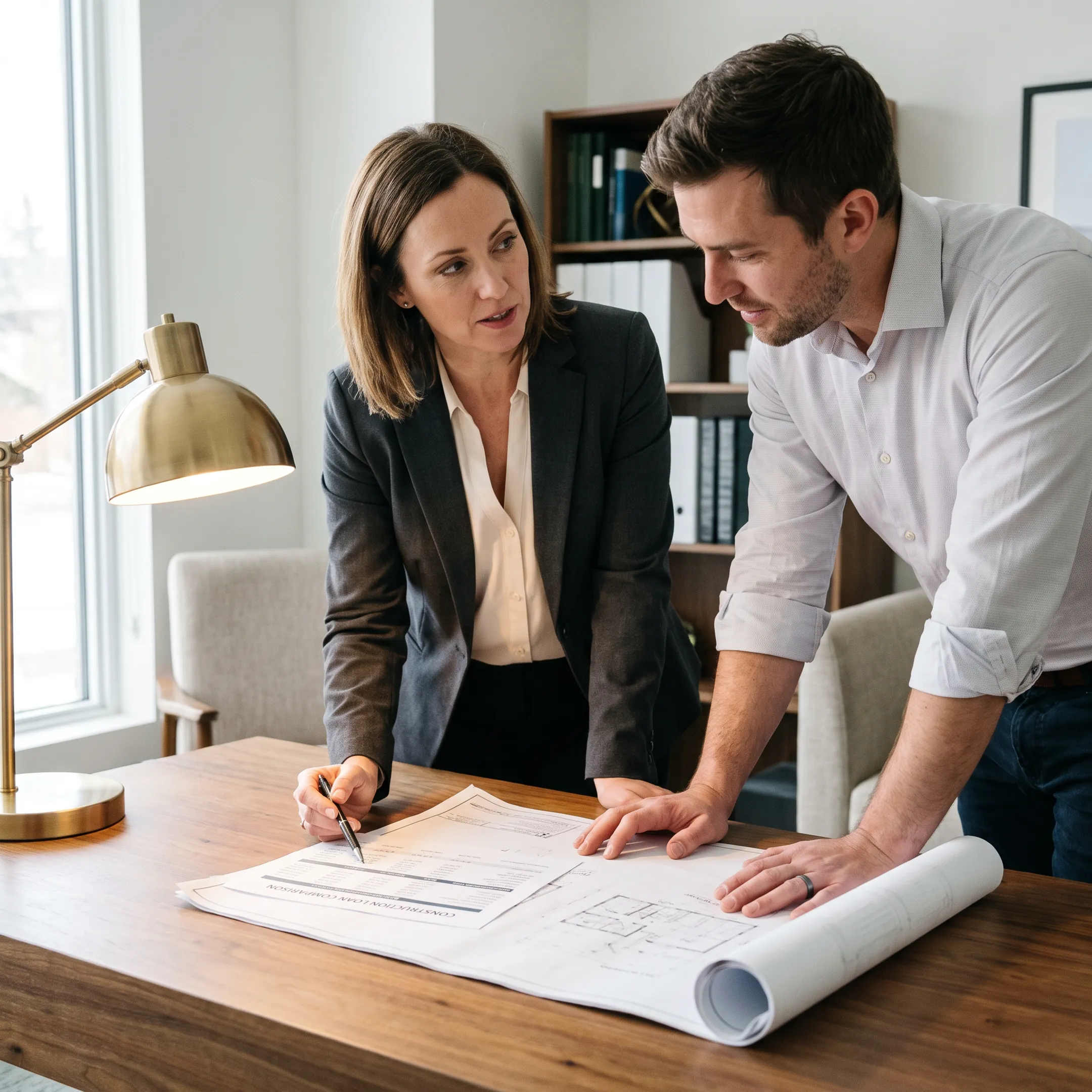 Homeowner reviewing a construction loan estimate with a mortgage professional